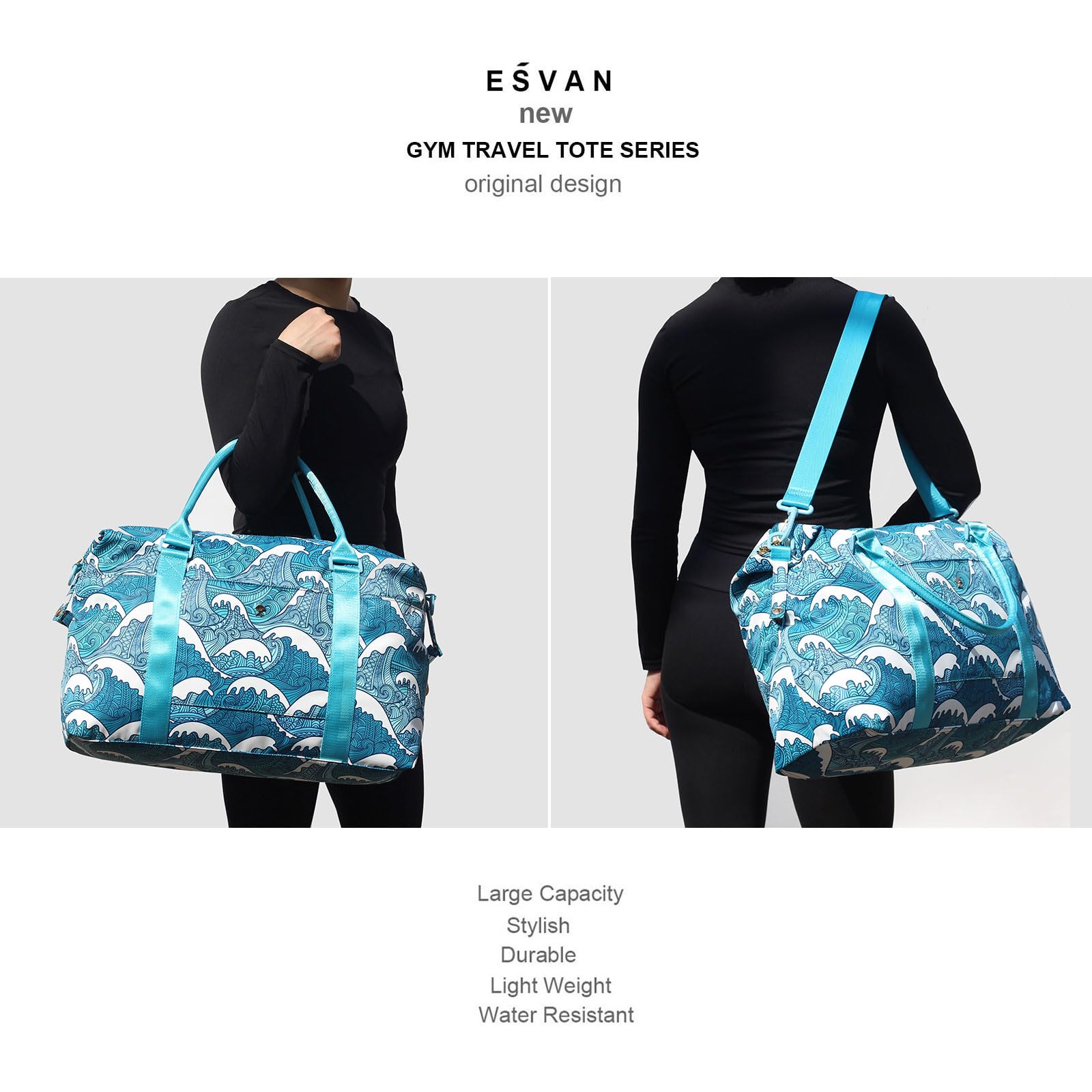 ESVAN Travel Tote Duffel Gym Bag - Waterproof Weekender Overnight Carry-on Crossbody Bag with Wet Pocket & Trolley Sleeve - Perfect for Gym, Travel, Workout & Weekend Getaways