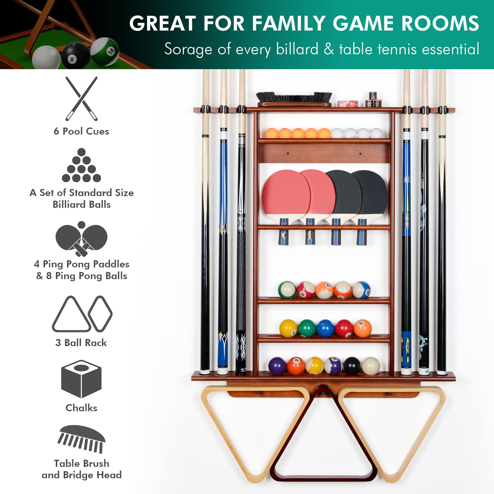 XCSOURCE 2-in-1 Pool Cue Rack & Ping Pong Paddle Holder - Solid Pine Wood Wall Mount for Billiards & Table Tennis Accessories - Perfect for Man Cave, Game Room, Basement, or Bar Decor