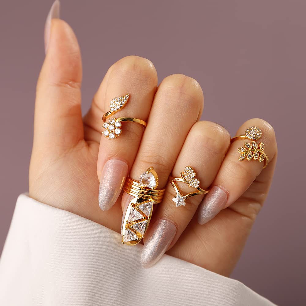 Dainty Gold Statement Fingertip Rings with Cubic Zirconia Heart Rhinestones - Elegant Nail Tip Crystal Rings for Women & Teen Girls | Perfect for Parties, Prom, Weddings & Special Occasions (Type A-Gold)