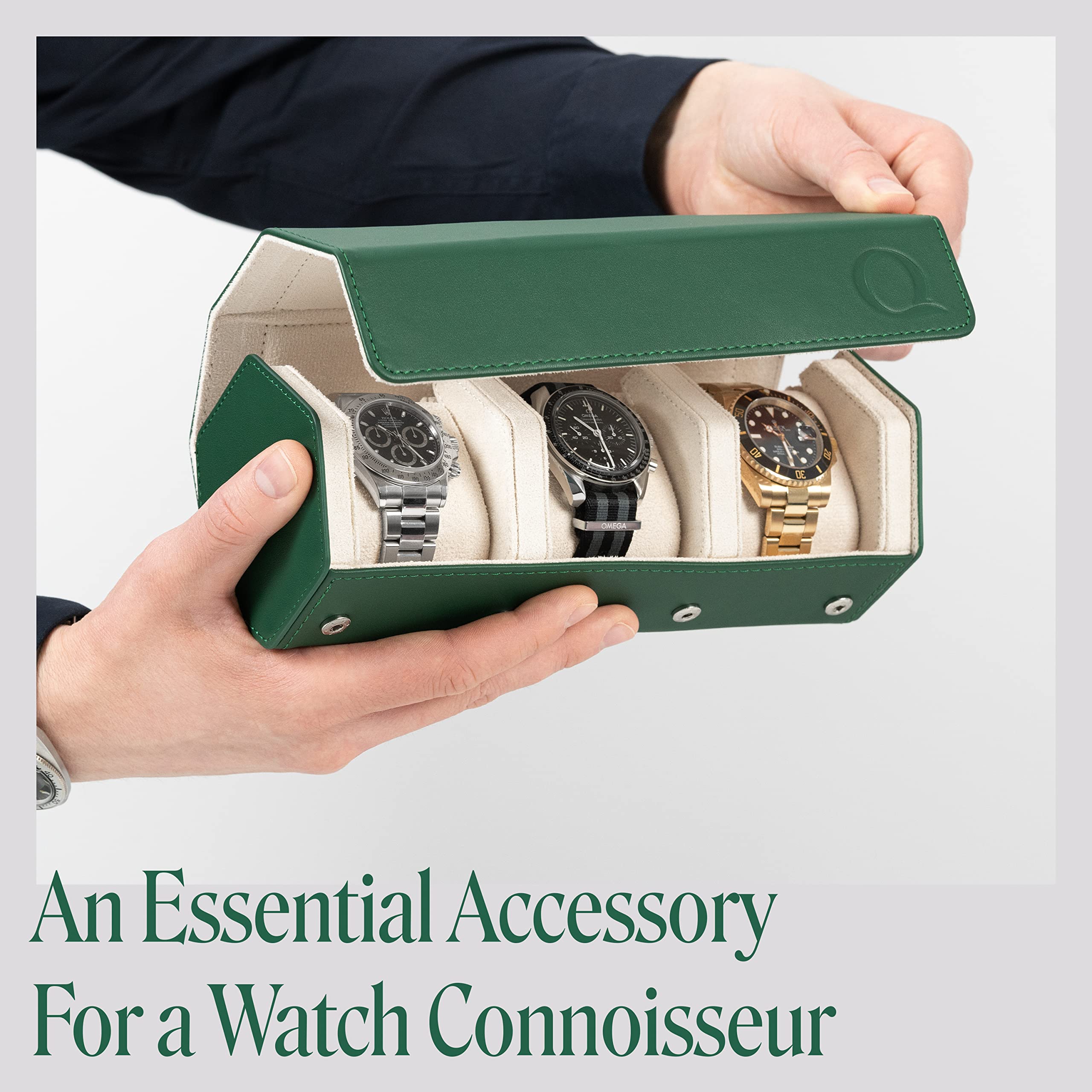 Premium Napa Leather Watch Roll for Men - Hexagon Triple Watch Travel Case Holds 3 Watches - Genuine Leather Storage Organizer with Velvet Lined Interior (Green/Cream) - Perfect for Travel, Business Trips & Watch Collection Display
