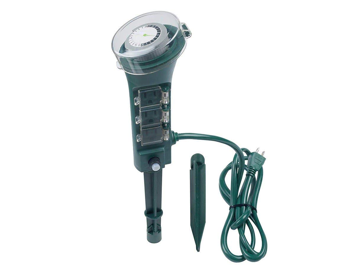 Monoprice 6-Outlet Outdoor Yard Stake Power Strip with 24-Hour Programmable Timer - Green | Weatherproof Extension Cord for Patio, Garden & Holiday Lights