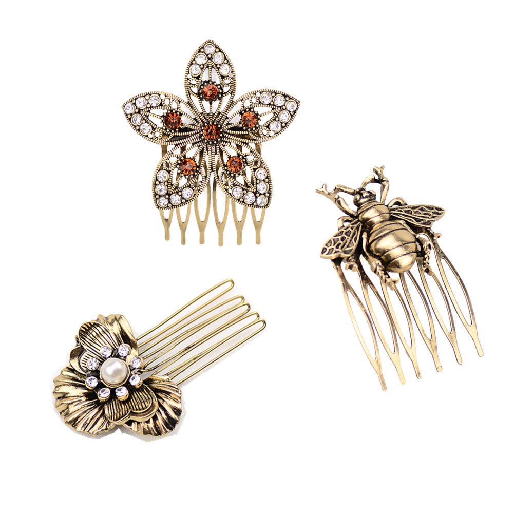 Vintage Metal Alloy Hair Side Comb with Shiny Rhinestones - Leaf Honeybee Flower Hair Clip for Women | Wedding, Bridesmaid, Pigtail Holders & Everyday Elegant Hairstyles