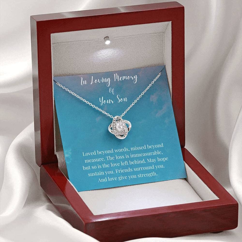 Handmade Love Knot Necklace - Personalized Memorial Gift for Son - White & Gold - Custom Sizes for Comfort & Remembrance