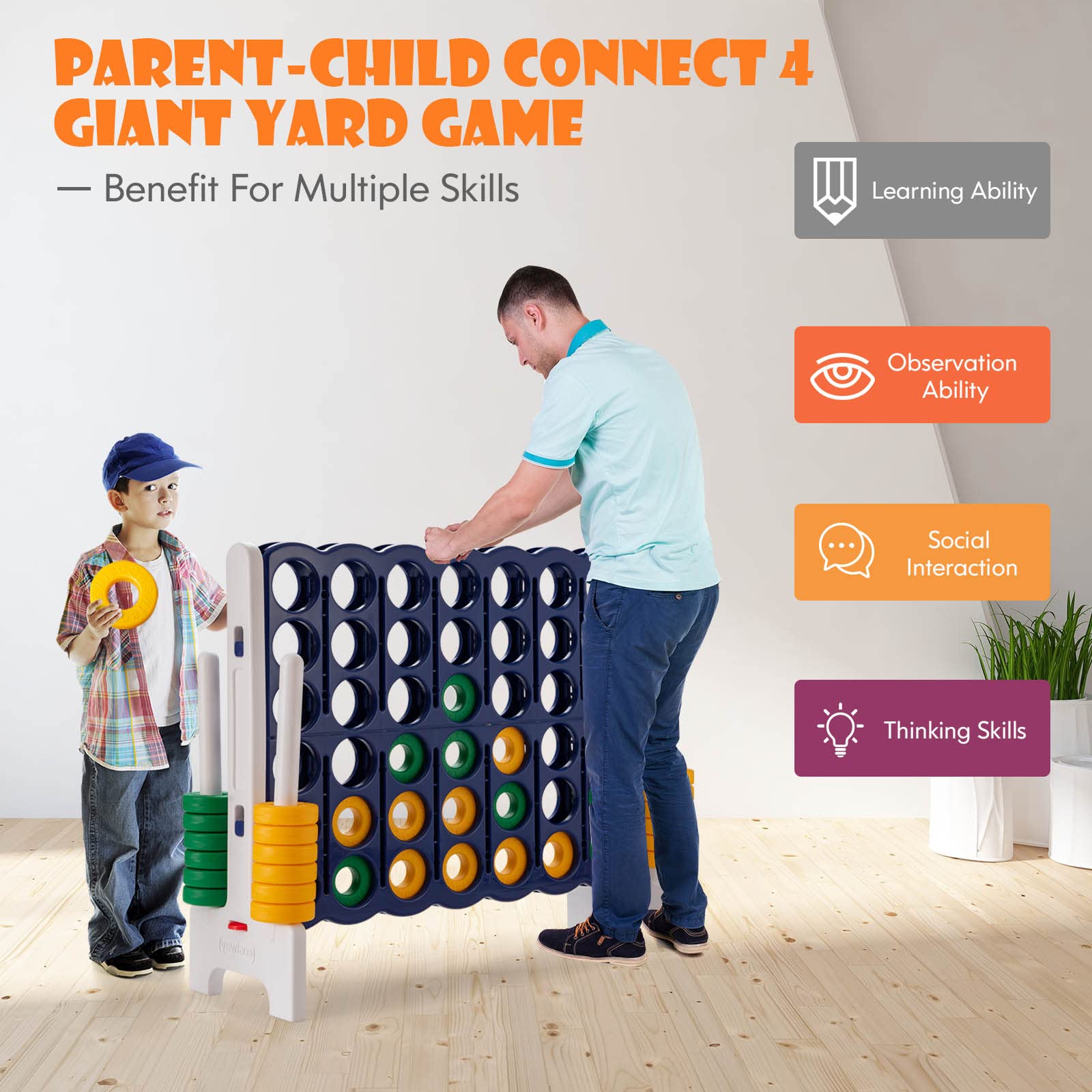 HONEY JOY Jumbo 4-to-Score Giant Game Set - Outdoor Yard Games for Family & Friends with 42 Jumbo Rings & Quick-Release Slider | 3.5FT Tall Giant 4-in-a-Row Game for Kids & Adults | Perfect for Backyard Parties, Picnics, and Outdoor Gatherings