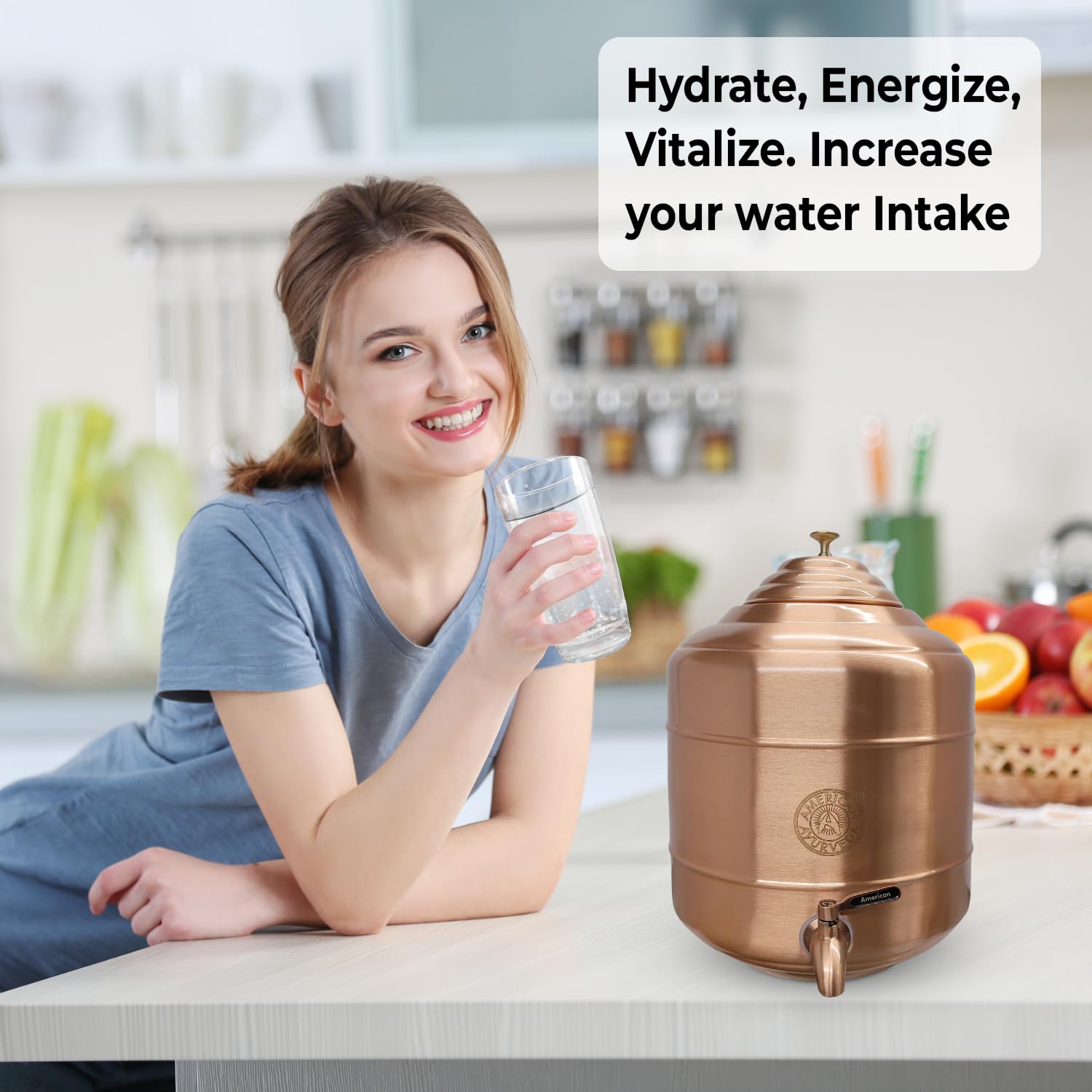 100% Pure Copper Water Dispenser Storage Tank with Stainless Steel Faucet & Lid - 3.17 Gallon (12L) Healthy Organic Water Container for Yoga, Meditation & Home Wellness