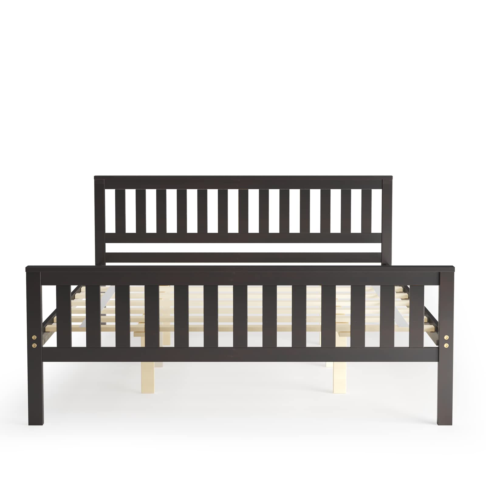 KOMFOTT Solid Wood Queen Bed Frame with Headboard & Footboard - 8-Slat Platform Mattress Foundation, 12