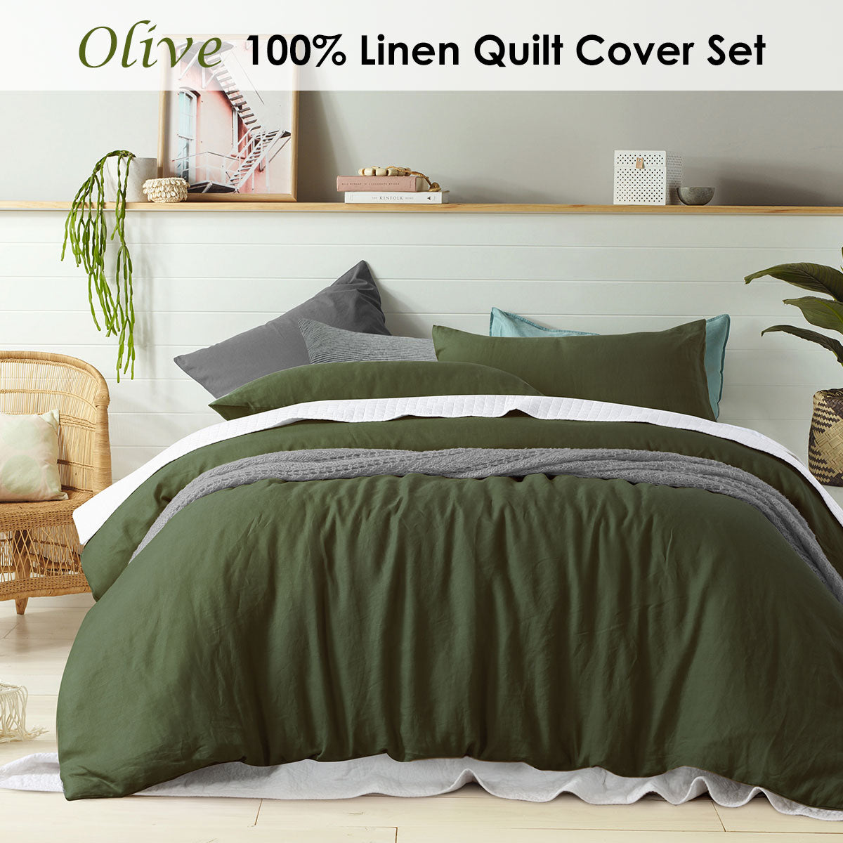 100% Pure Linen Olive Green King Size Quilt Cover Set - Breathable & Hypoallergenic Bedding for All Seasons | Perfect for Master Bedroom, Guest Room & Vacation Homes