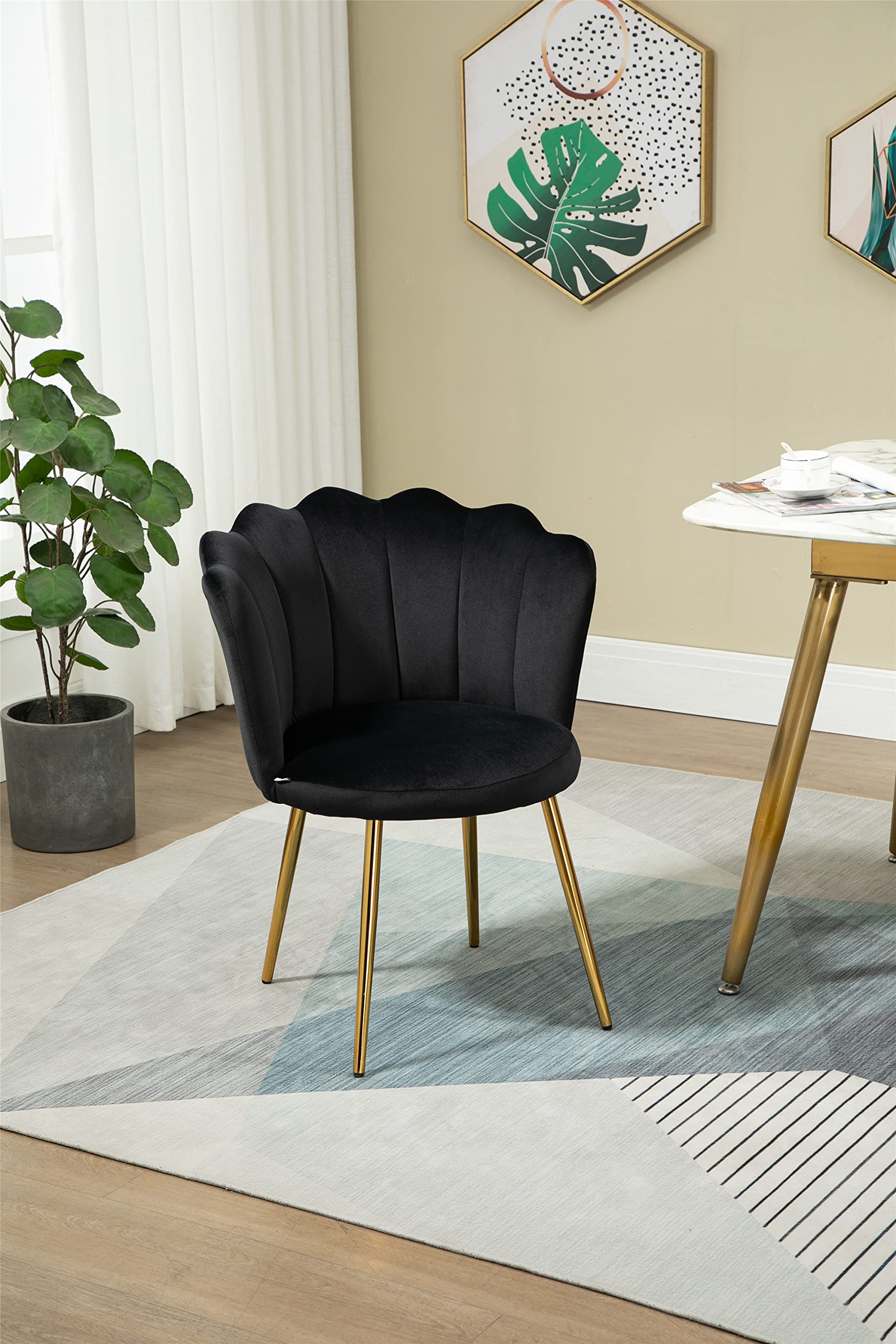 Velvet Upholstered Dining Chair with Gold Legs - Elegant Living Room, Bedroom Vanity & Desk Chair - Tufted Leisure Chair Supports 250lbs - Perfect for Dining Rooms, Home Offices & Bedrooms (Black)