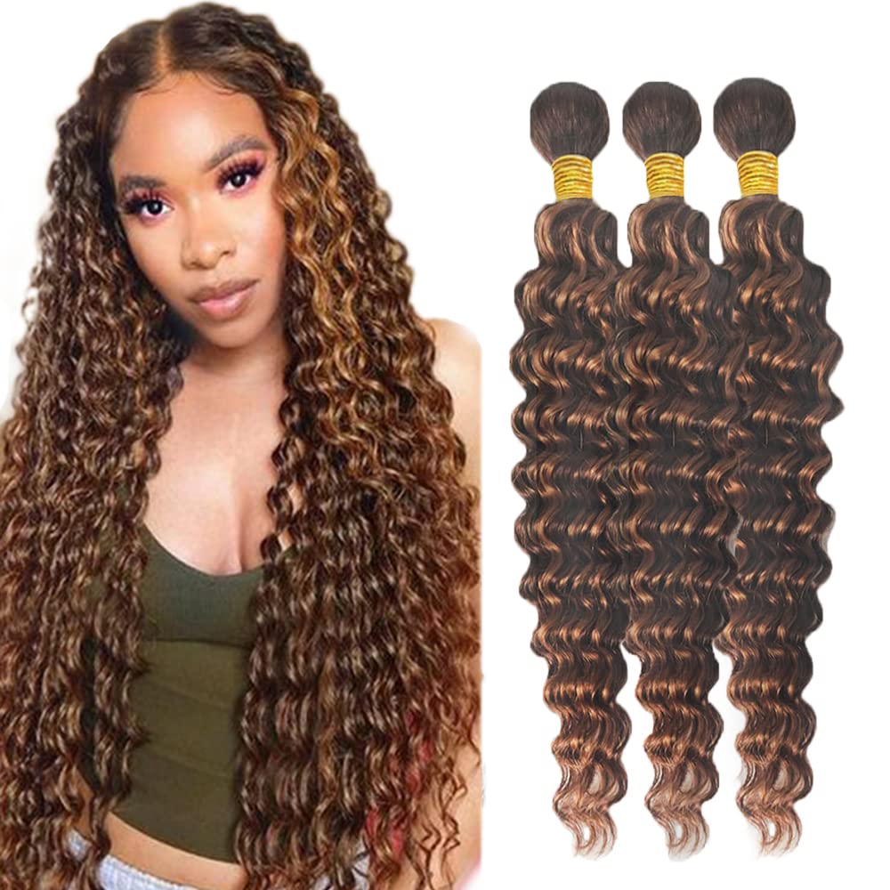 Brazilian Virgin Ombre Deep Wave Human Hair Weaves - 3 Bundles 16/18/20 Inch Unprocessed Remy Hair Extensions for Black Women | Blonde Piano Hair Bundles for Natural Hairstyles, Weaving & Protective Styling