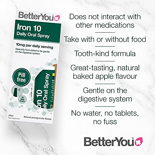BetterYou Iron 10 Daily Oral Spray - 25ml Liquid Iron Supplement for Energy & Vitality - Supports Healthy Blood & Immune System - Perfect for Active Lifestyles & Vegan Diets