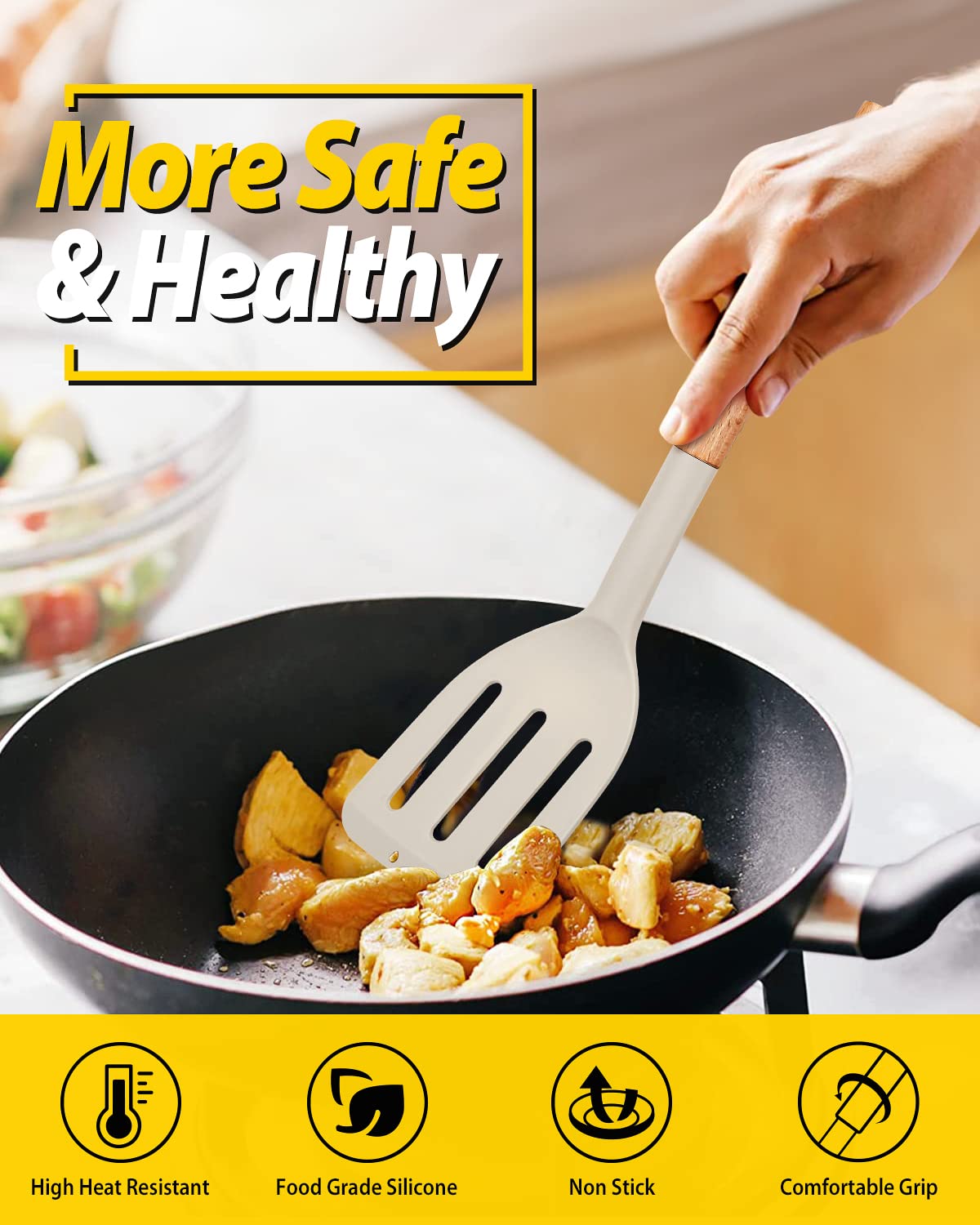 2-Pack Heat Resistant Silicone Cooking Spatulas with Wooden Handle - Non-Stick Solid & Slotted Turners for Frying, Baking, Flipping Pancakes & Eggs - Perfect Kitchen Utensils Set for Home Cooks & Professional Chefs