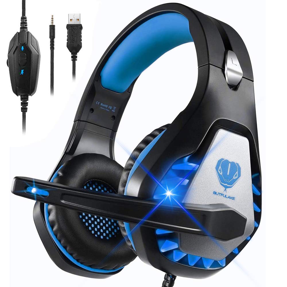 DIWUER Stereo Gaming Headset with Noise Cancelling Mic - Compatible with Nintendo Switch, PS4, Xbox One, PC, Mac & Laptop - Over Ear Headphones with LED Light & Soft Earmuffs for Immersive Surround Sound (Blue) - Perfect for Gaming, Streaming & Online Meetings