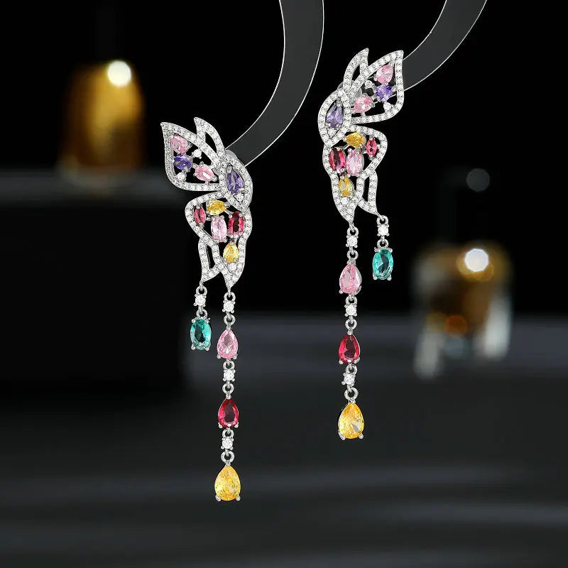 Sparkling Cubic Zirconia Butterfly Water Drop Tassel Earrings for Women - Elegant Bridal Wedding Jewelry Accessories - Perfect for Evening Parties, Prom & Special Occasions