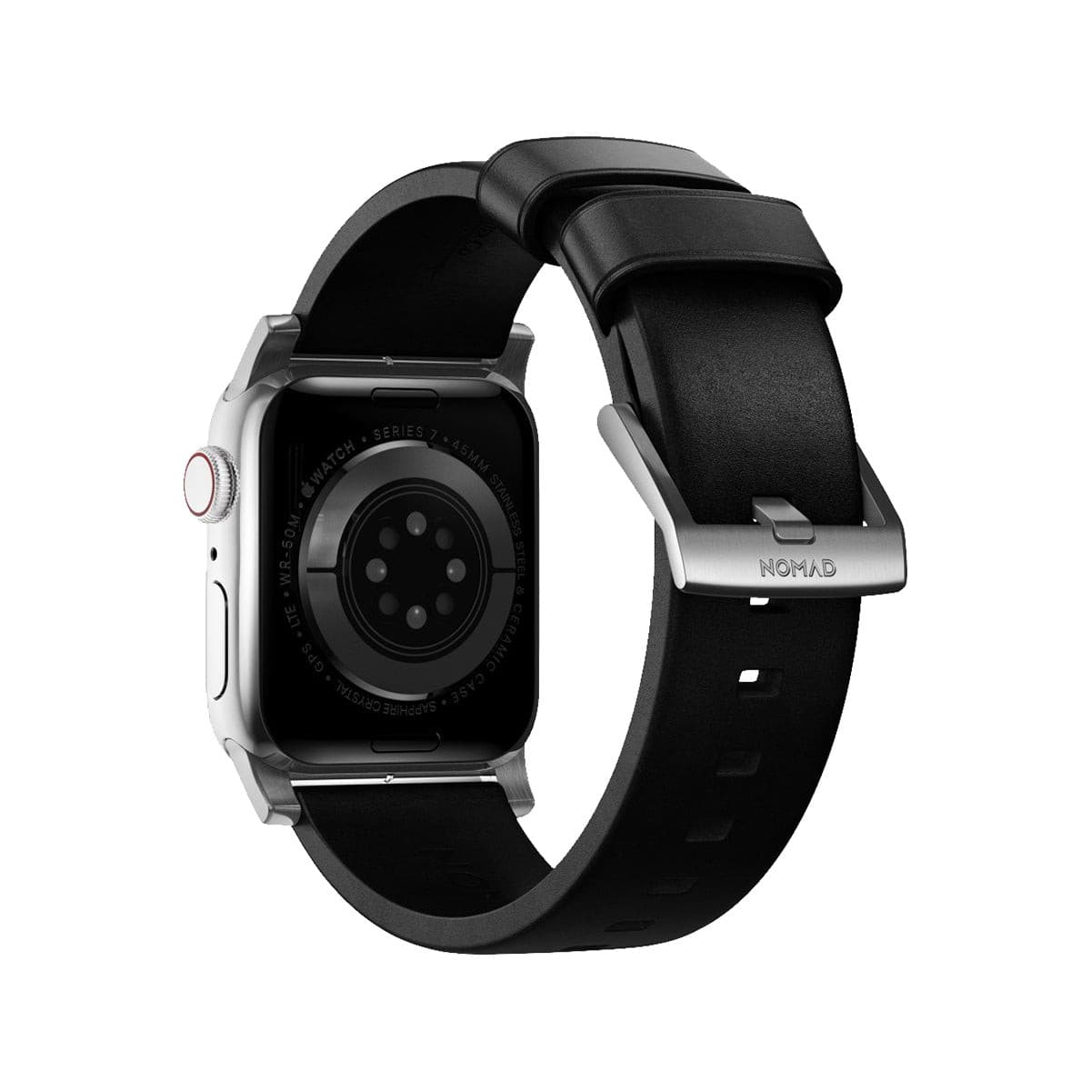 NOMAD Modern Leather Band for Apple Watch 45mm & 49mm - Silver Hardware with Black Horween Leather Strap | Premium Replacement Watch Band for Work, Travel & Everyday Wear