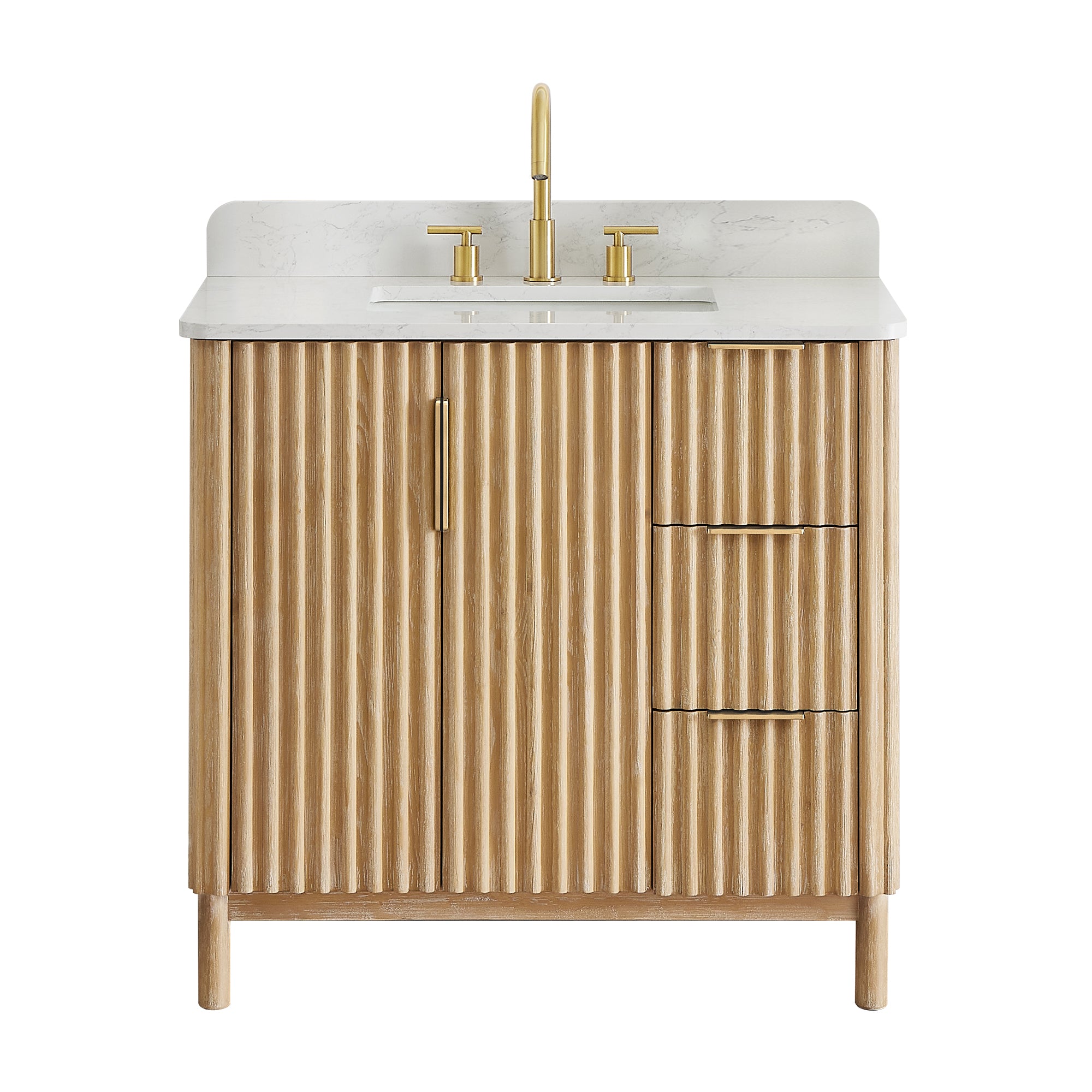 Sierra 36 Inch Single Bathroom Vanity Set in Washed Light Brown - Engineered Stone Countertop, Soft Close Drawers & Ceramic Sink - Perfect for Small Bathrooms, Powder Rooms & Guest Baths