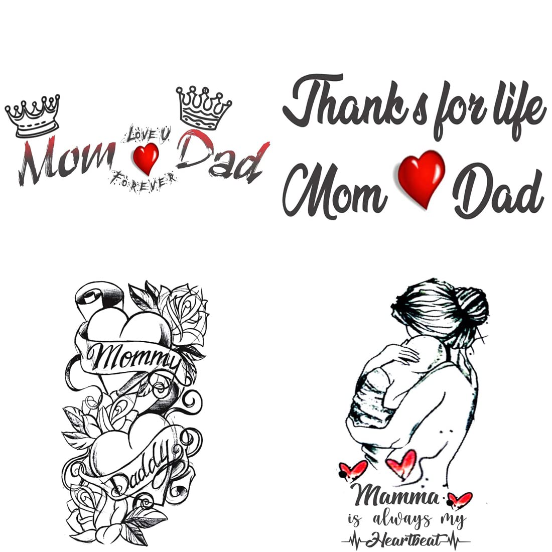 Pack of 4 Heart Temporary Tattoos for Men & Women - Mom Dad Love Designs (2x4 Inch) - Perfect for Family Events, Couple Matching & Body Art