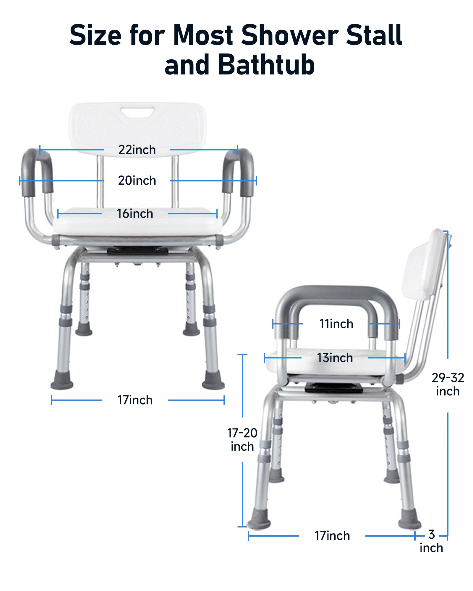 **Swivel Shower Chair with Arms & Back – Adjustable Height Bath Seat for Seniors & Disabled – Heavy Duty 450LB Capacity – Non-Slip Shower Stool for Elderly & Adults – Ideal for Bathroom Safety & Mobility Assistance**    *(Use Cases: Perfect for elderly care, post-surgery recovery, disability support, and safe bathing at home.)*