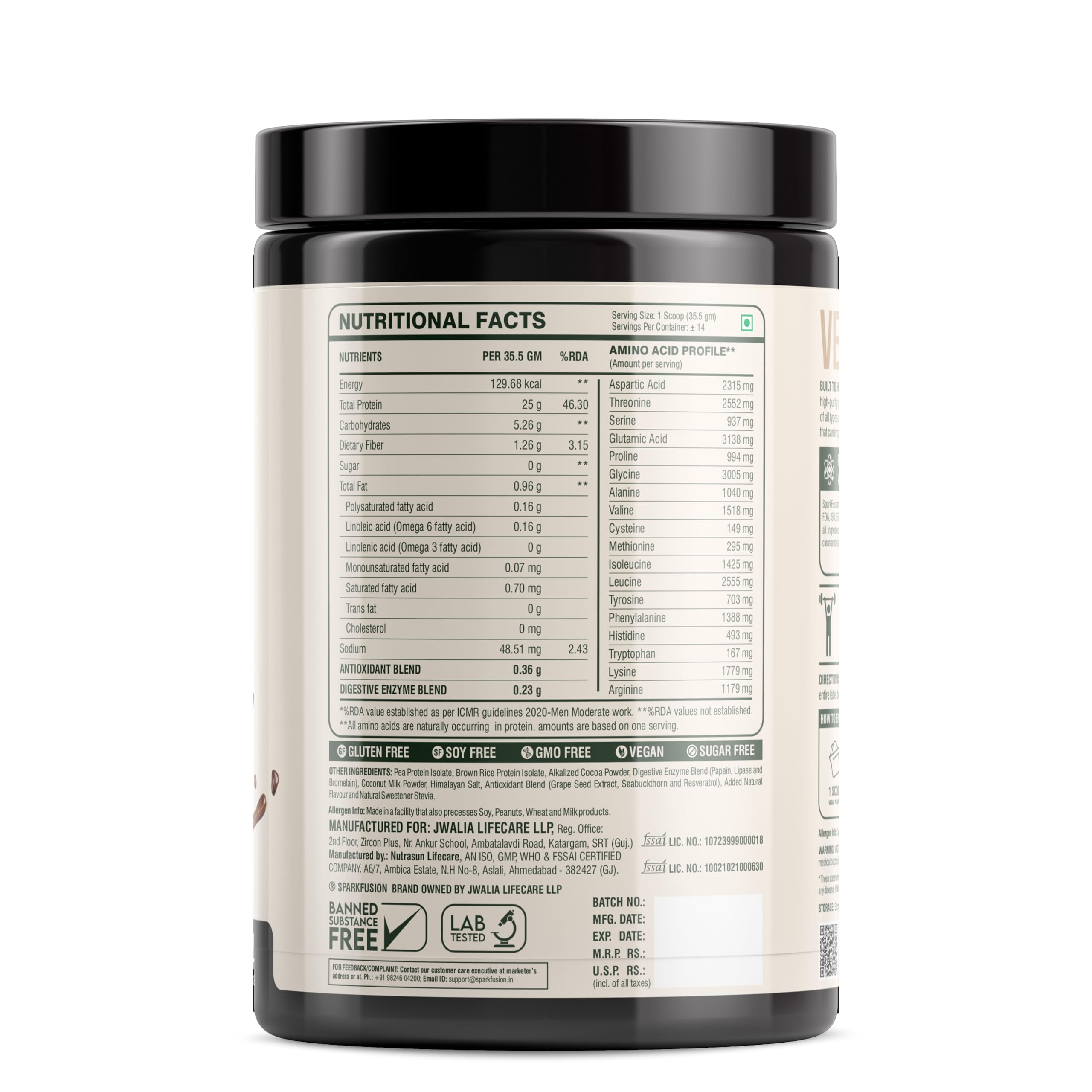 Sparkfusion Vegan Plant Protein Powder - Organic Pea & Brown Rice Protein Isolate | 25g Protein per Serving with All Essential Amino Acids | Easy Digest Triple Chocolate Flavor | 500g for Men & Women | Perfect for Post-Workout Recovery, Smoothie Boosts & Healthy Meal Replacement