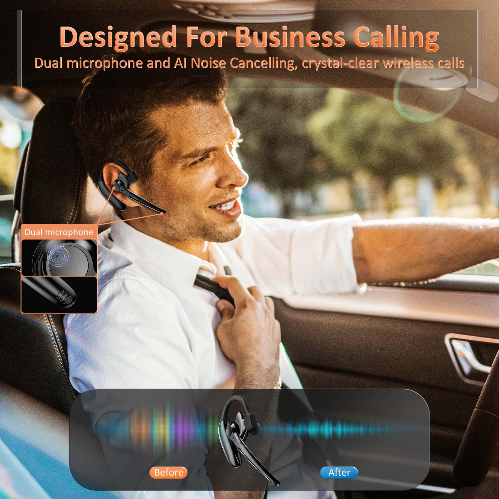 Wireless Bluetooth Headset with Dual Microphone Noise Cancelling, 30 Hours Talk Time V5.3 - Hands-Free Bluetooth Earpiece for Truckers, Drivers, Office Work & Online Meetings | Perfect for Long Calls, Commuting & Remote Work