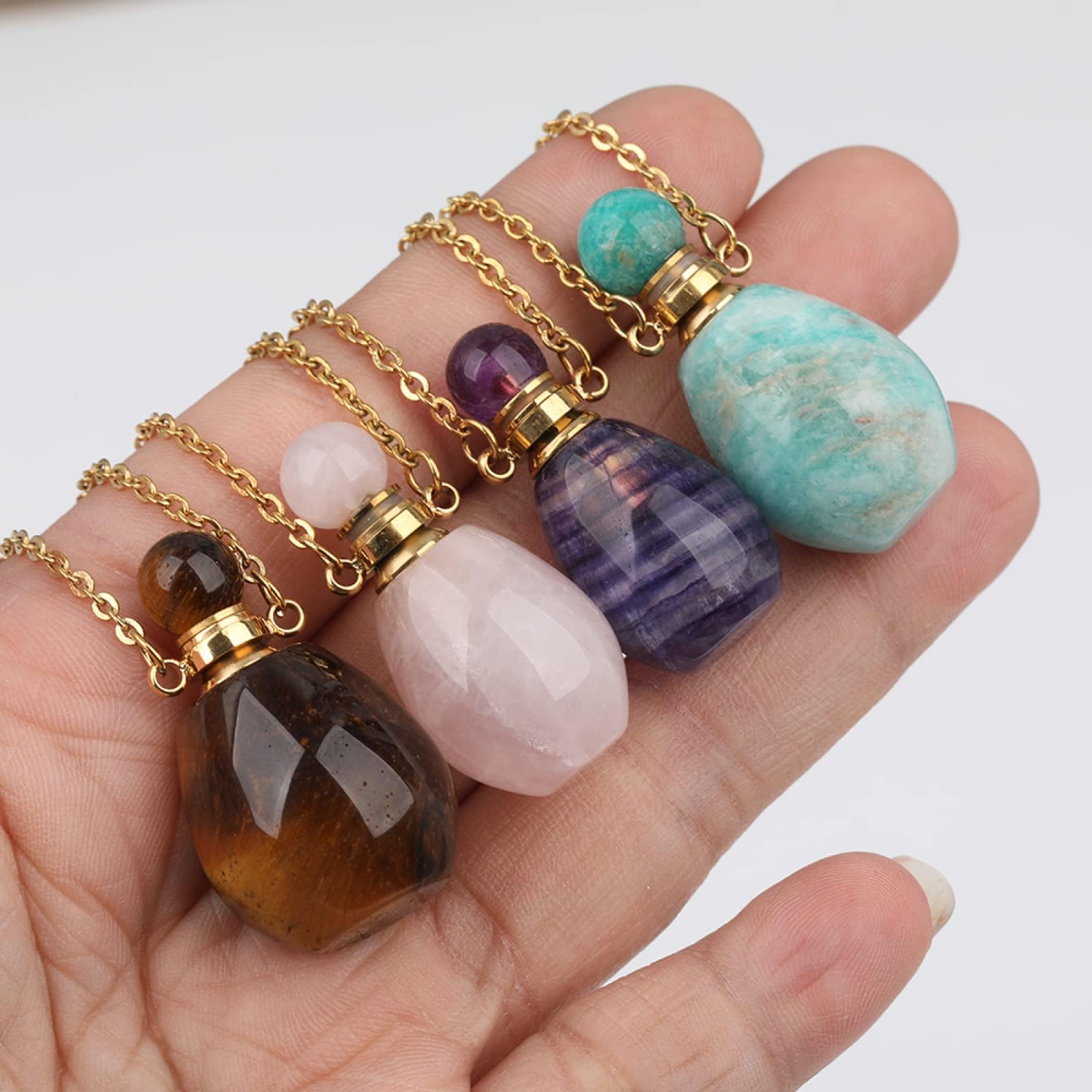Natural Stone Perfume Bottle Pendant Necklace for Women - White Gold Plated Stainless Steel Jewelry with Aromatherapy Essential Oil Diffuser - Perfect for Daily Wear, Gifts & Meditation Accessories