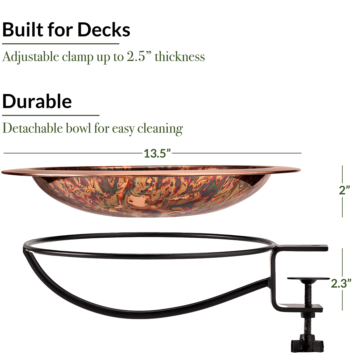 13.5 Inch Copper Bird Bath with Deck Bracket - Handcrafted Garden Decor for Outdoor Patio, Yard & Wildlife Habitat Attraction