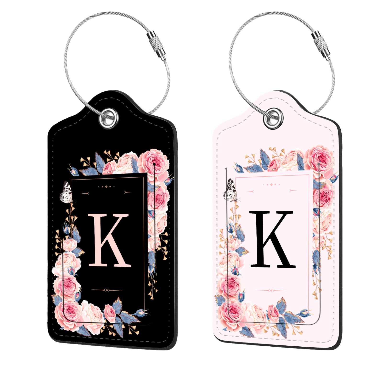 2 Pack PU Leather Luggage Tags with Privacy Shield - Personalized Name ID Card Holder for Suitcases, Bags & Backpacks - Travel, Cruise & Airport Essentials (Flower & Monogram Letter K Design) - Perfect for Men & Women's Travel Accessories