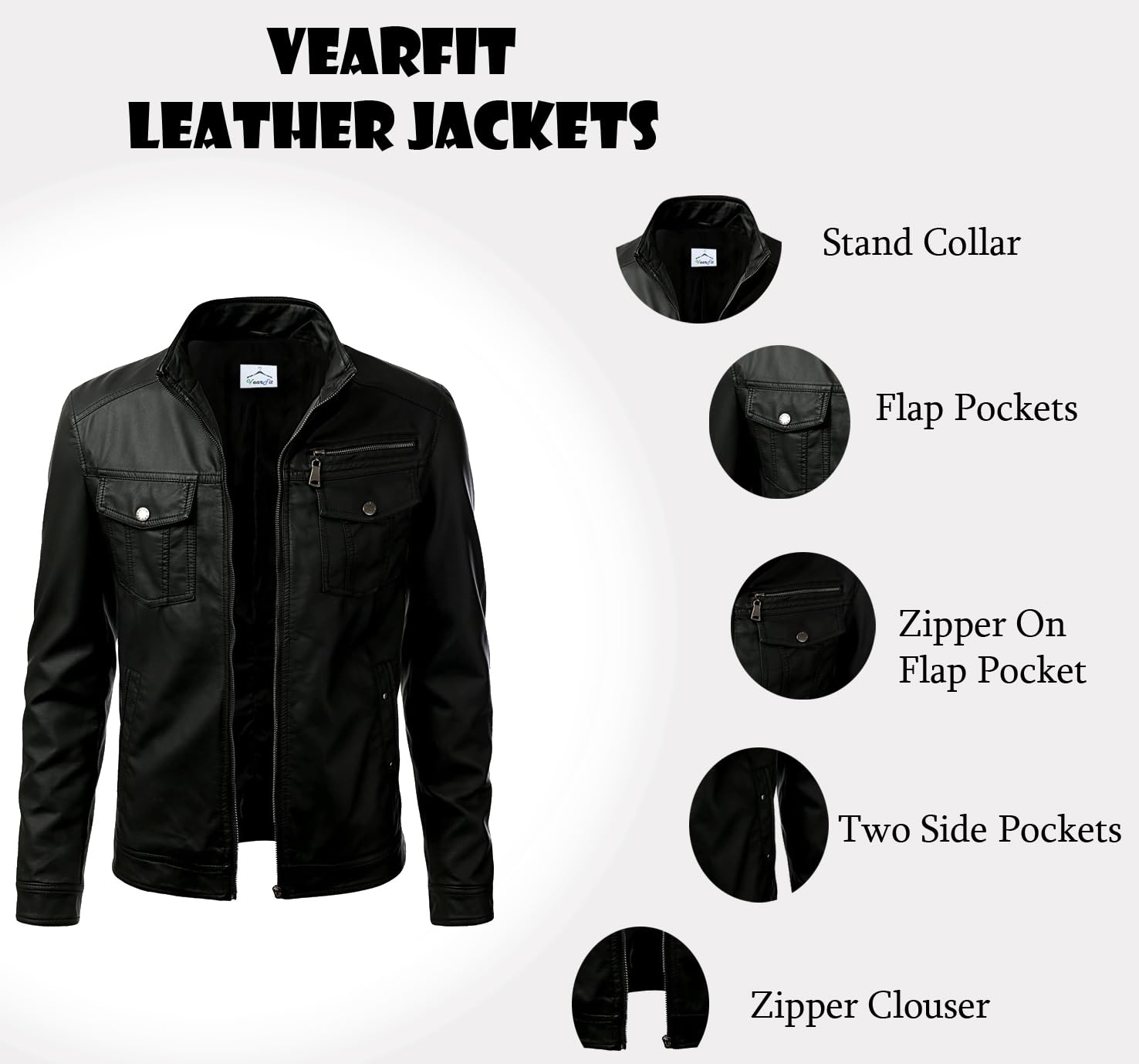 VearFit Men's Classic Black Faux PU Leather Biker Jacket - Motorcycle Riding Jacket for Men, Stylish Outerwear for Casual Wear & Night Out