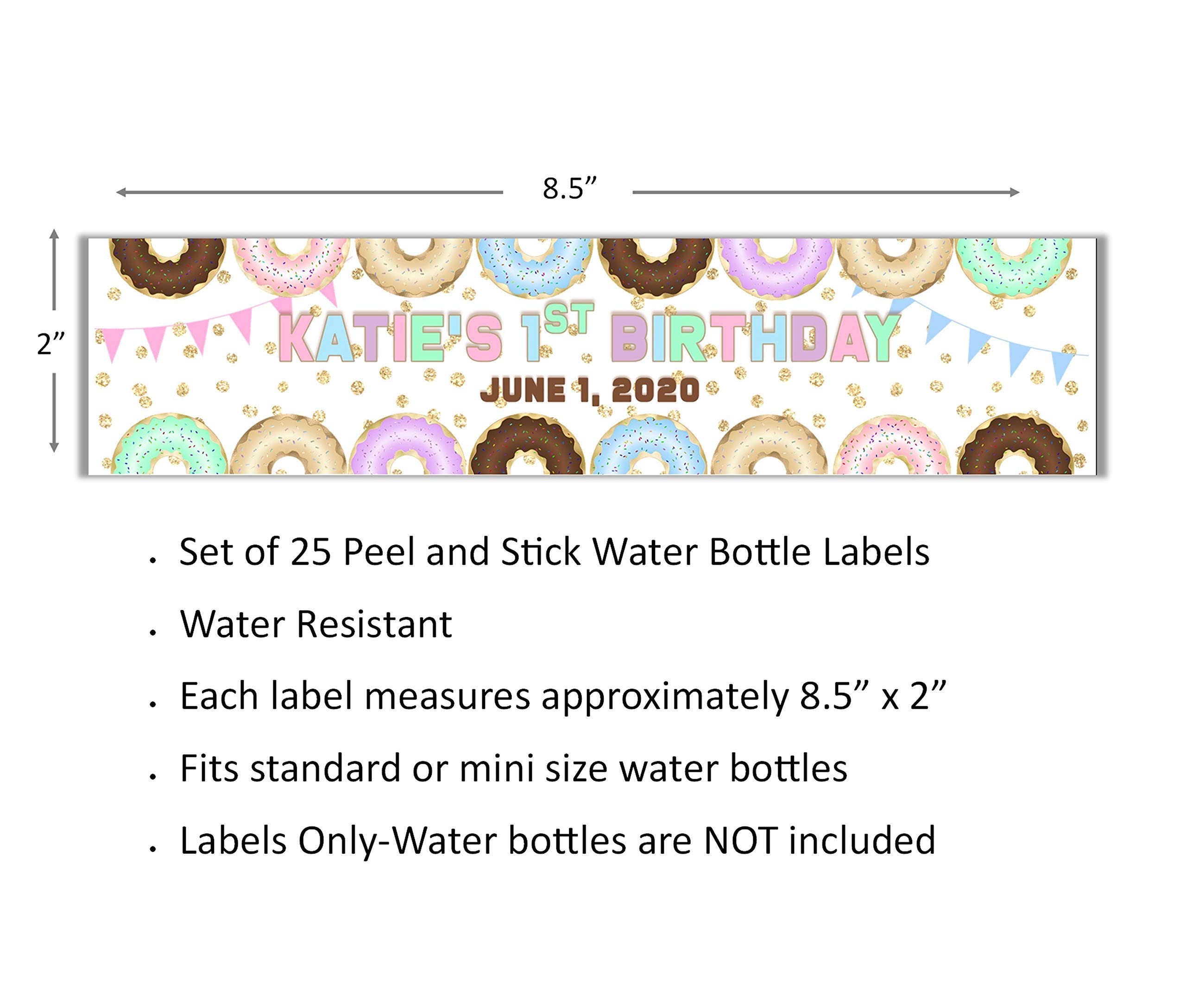 Personalized Donut Party Water Bottle Labels - 25 Pack Waterproof Peel & Stick Wrappers for Kids Birthday Party Favors | Perfect for Birthday Parties, Baby Showers & School Events