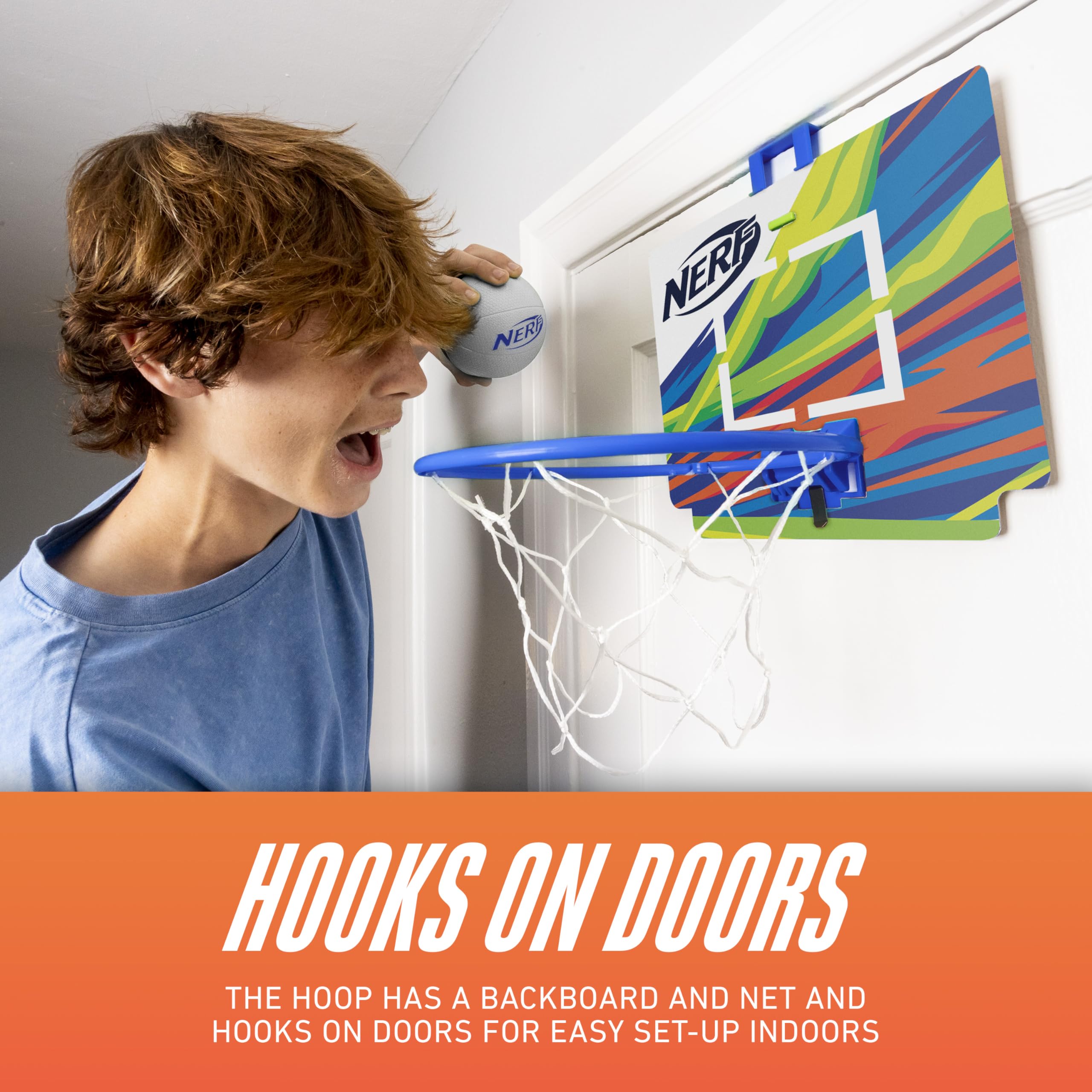 Nerf Mini Over The Door Basketball Hoop Set - Indoor Basketball Game for Kids with Mini Foam Ball - Fun Bedroom & Playroom Toy for Boys & Girls - Perfect for Indoor Sports & Active Play (Blue)