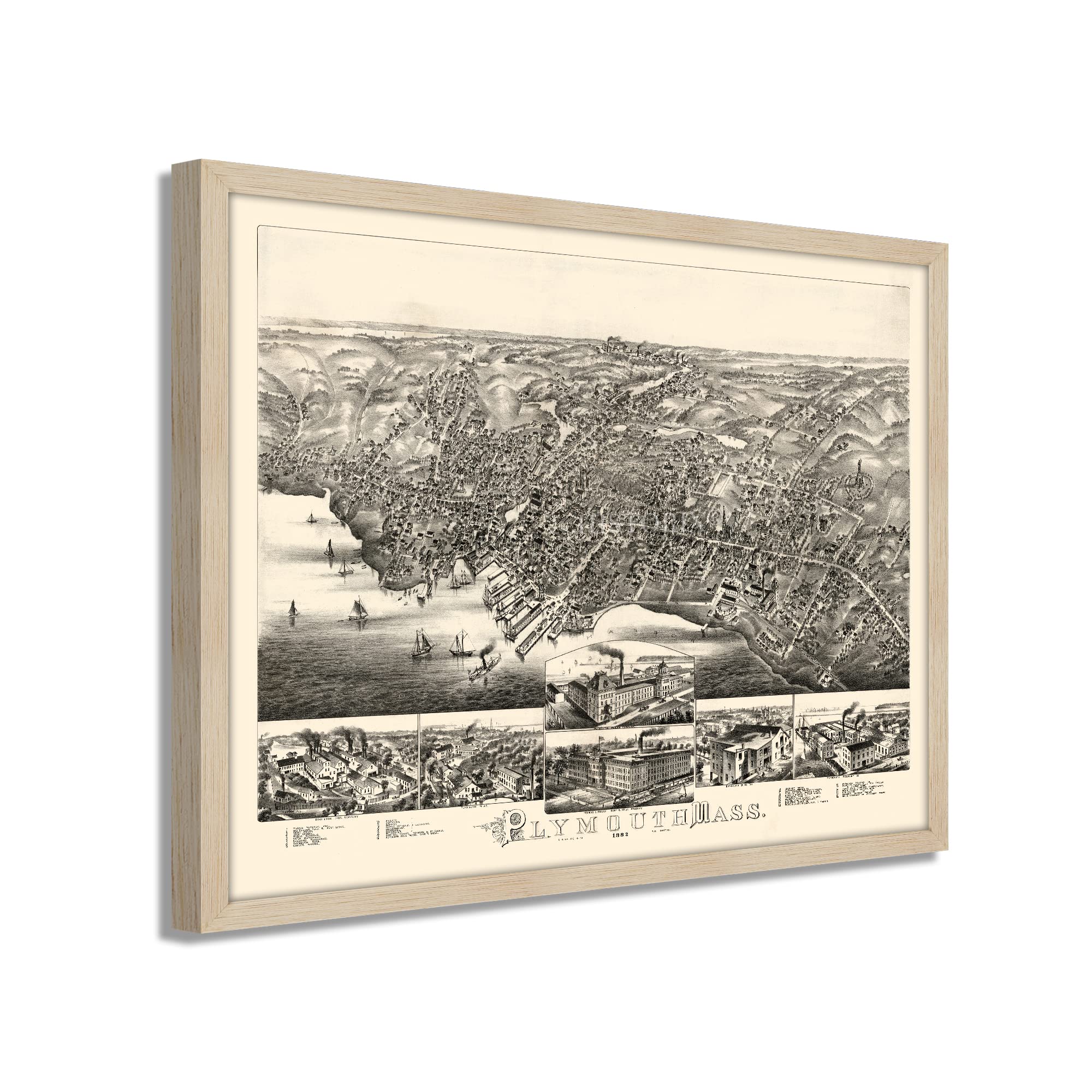 Vintage 1882 Plymouth Massachusetts Map - 25x31 Inch Framed Historical Poster in Nordic Oak (Natural) - Perfect for Home Decor, Office Wall Art & History Enthusiasts