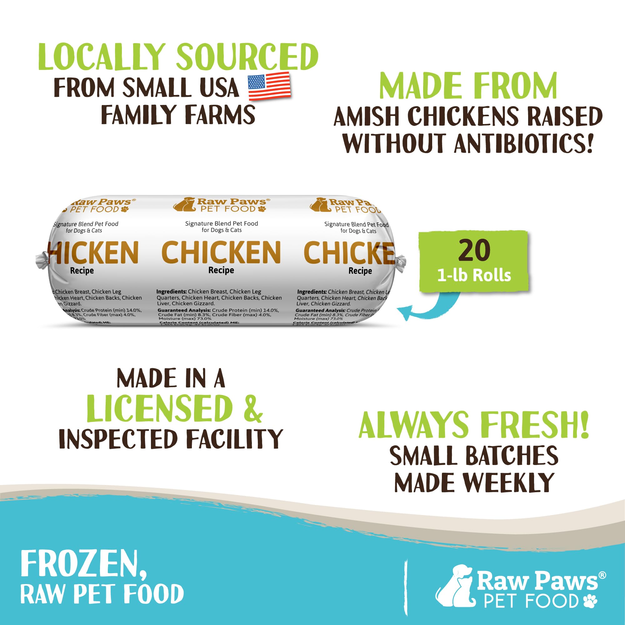 Raw Paws Signature Blend Natural Raw Pet Food for Dogs & Cats - Chicken Recipe, 1-lb Rolls (20 Pack) - Grain-Free, Human-Grade, Made in USA - Perfect for Raw Diet Meal Prep & Freezer Storage
