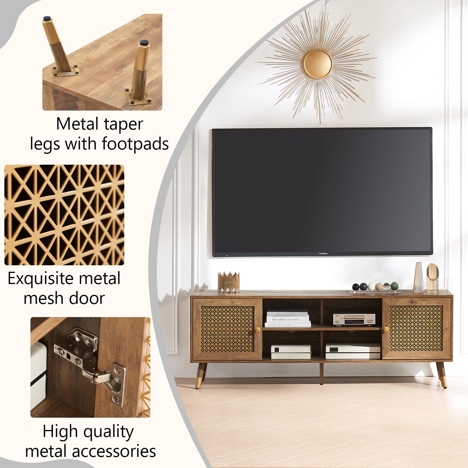Modern Entertainment Center for 75 Inch TV - Boho TV Stand with Storage Cabinet & Open Shelves - Large Rustic TV Console for Living Room, Bedroom, Office - Perfect for Home Theater Setup & Media Organization