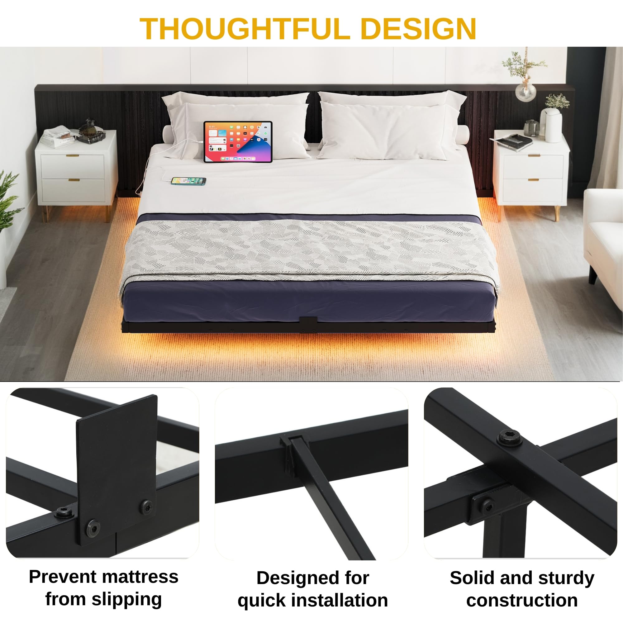 DWVO Queen Size Floating LED Bed Frame with USB Port - Heavy Duty Metal Platform Bed with Steel Slats, No Box Spring Needed - Easy Assembly, Black - Perfect for Modern Bedrooms & Smart Home Setup