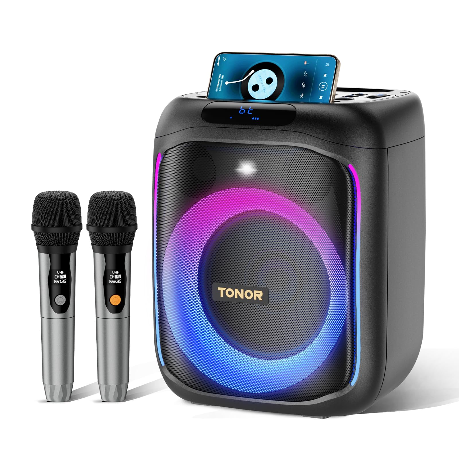 TONOR K6 Portable Bluetooth Karaoke Machine with 2 Wireless Microphones, RGB LED Lights - PA Speaker System for Home, Party & Outdoor Use | Supports BT/AUX/USB/TF Card | Perfect for Singing, Entertaining & Family Gatherings