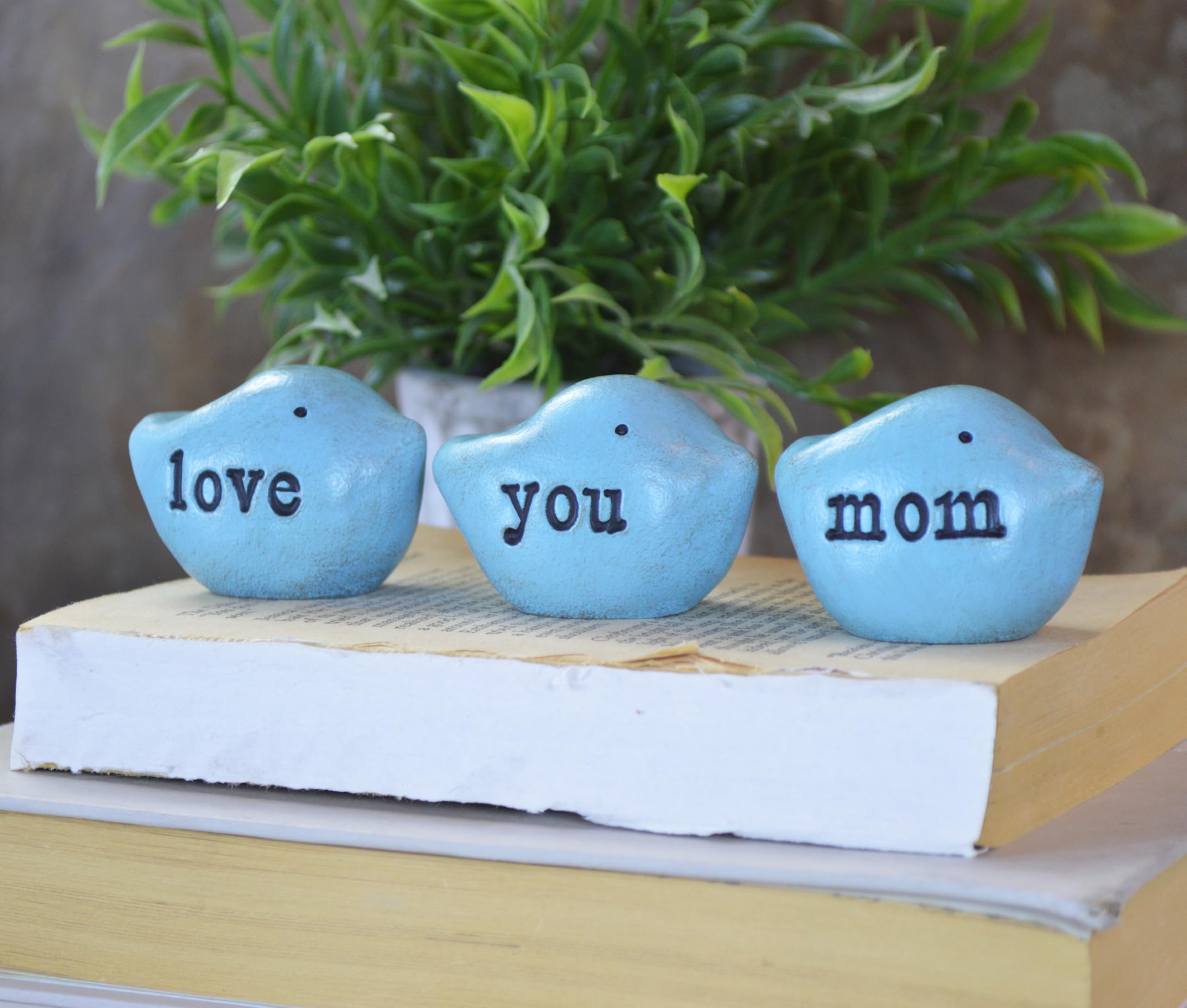 Handmade Clay Birds Gift Set for Mom - Blue 'Love You Mom' Decor - Ready to Ship - Perfect for Mother's Day, Birthday & Home Decoration