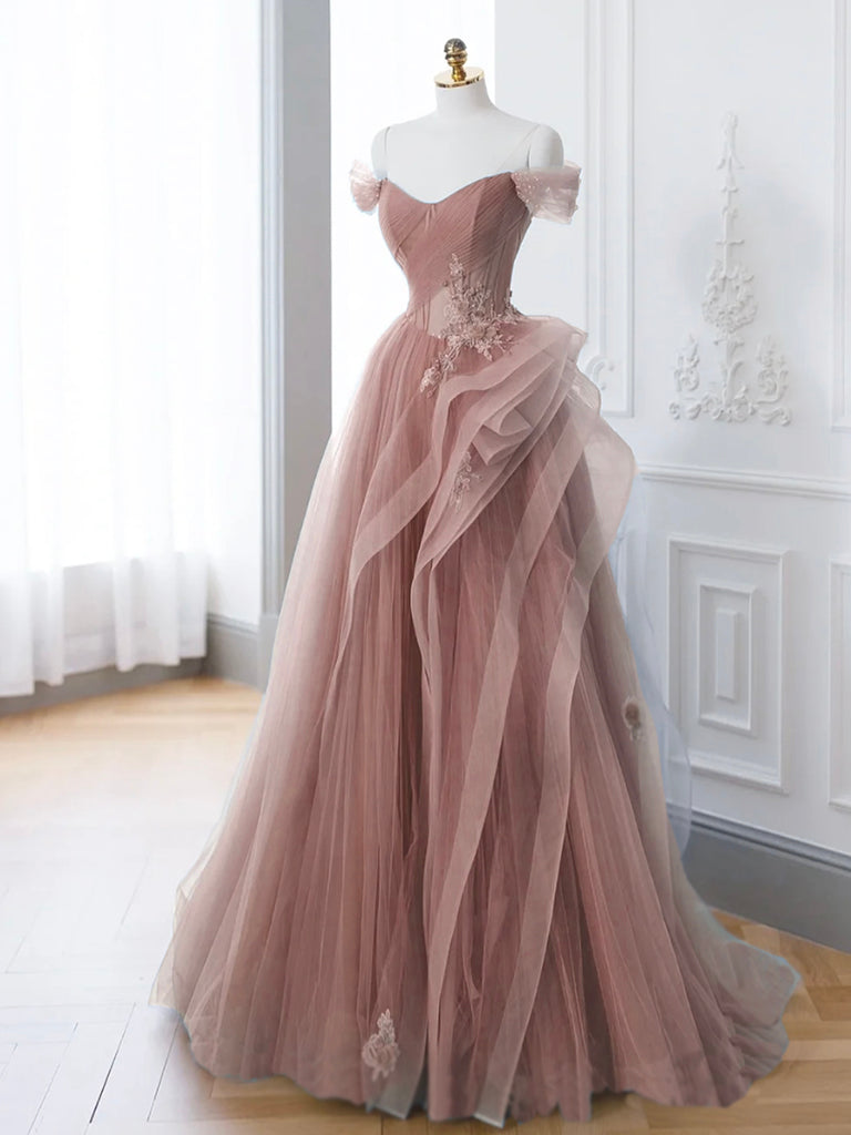 Elegant Pink A-Line Off Shoulder Long Prom Dress with Lace Detail - Perfect for Evening Gala, Formal Dance & Special Occasions