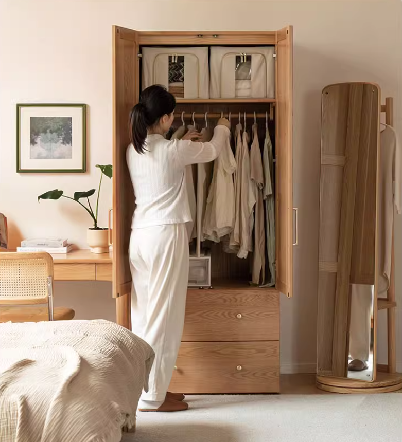 Oak Solid Wood Modular Wardrobe with Rattan Doors - Customizable Closet Storage for Bedroom & Living Room Organization