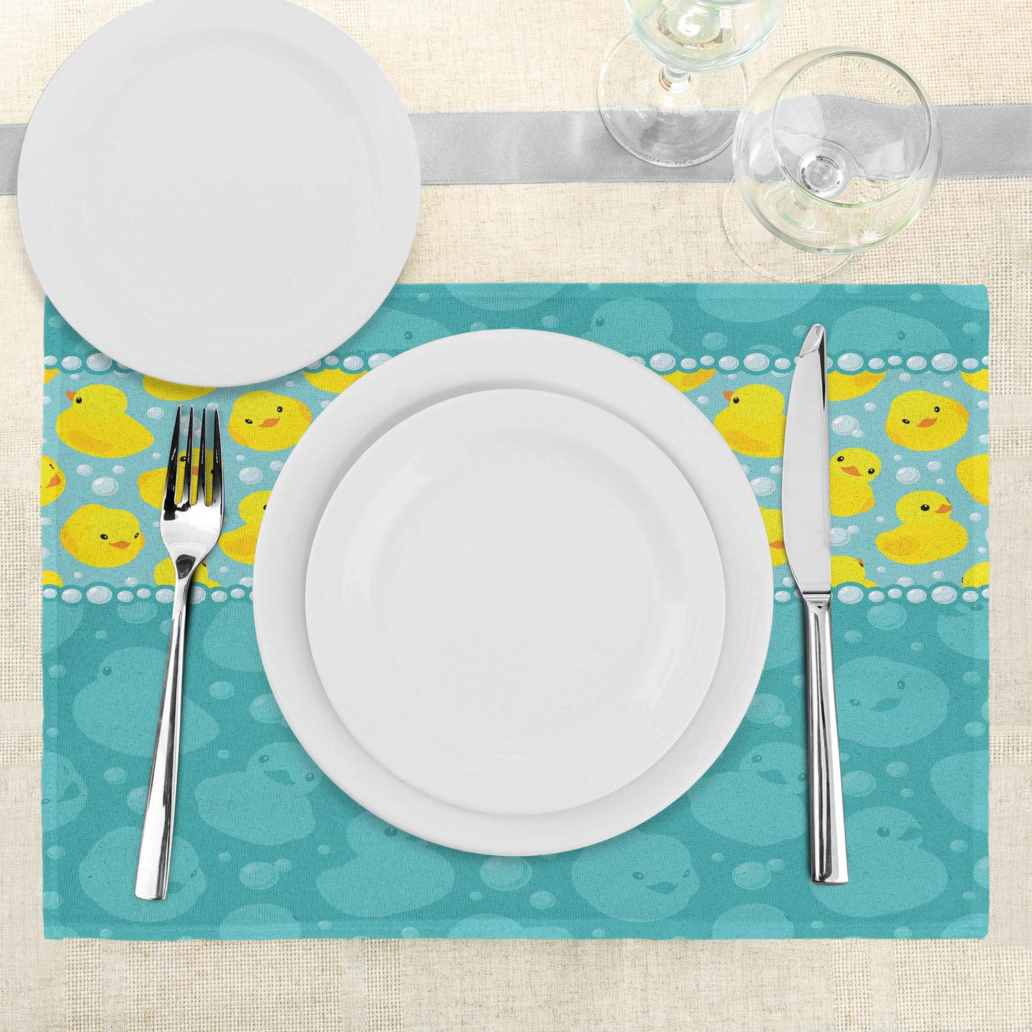Ambesonne 4-Pack Rubber Duck Place Mats - Yellow Cartoon Duck Swimming in Water with Bubbles Design, Washable Fabric Table Mats for Dining Room & Kitchen Decor in Teal Blue - Perfect for Kids' Parties, Themed Events & Playful Home Decor