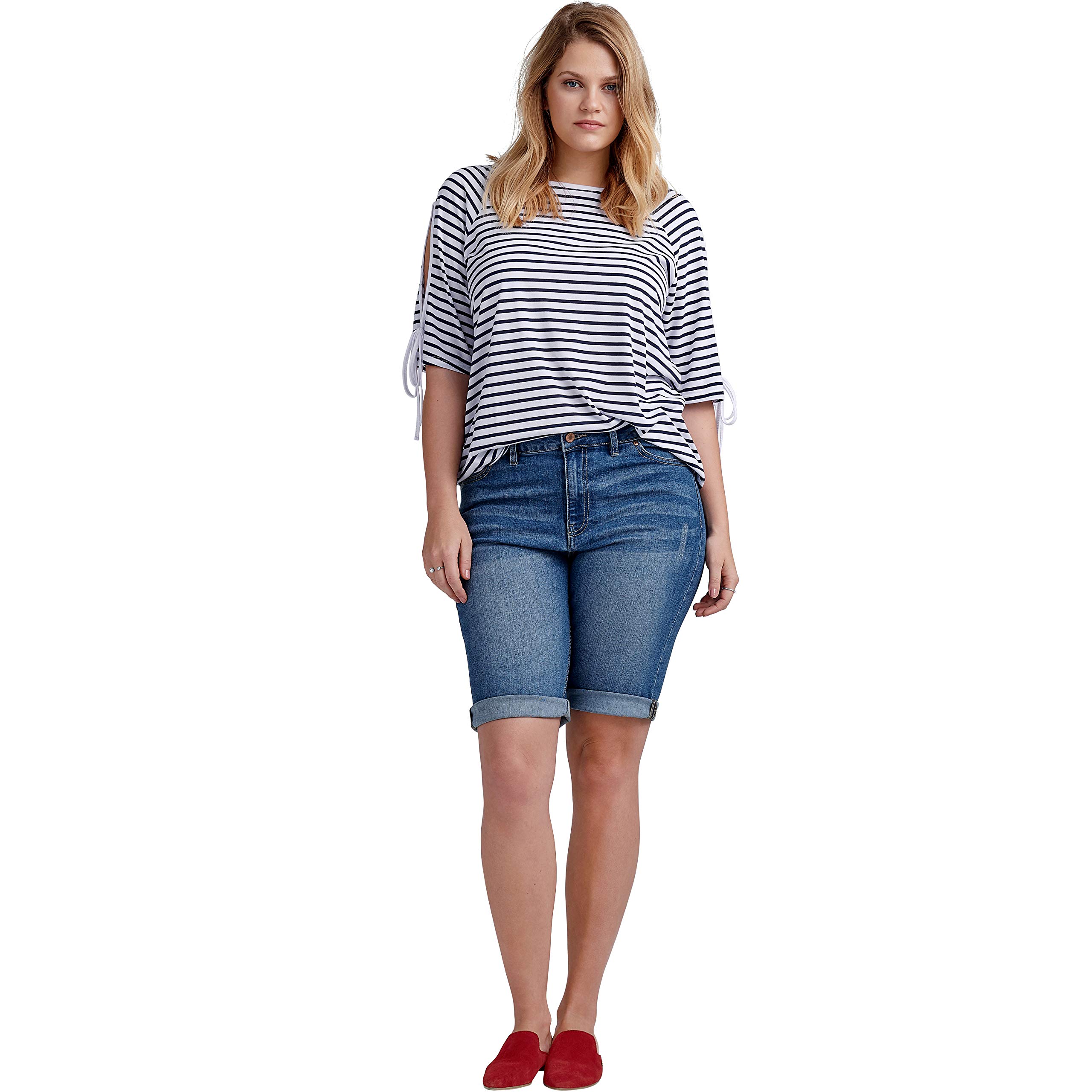 Ellos Women's Plus Size Denim Bermuda Shorts - Stretch Comfort Fit High Waist Summer Shorts for Casual Wear, Beach & Vacation Outfits