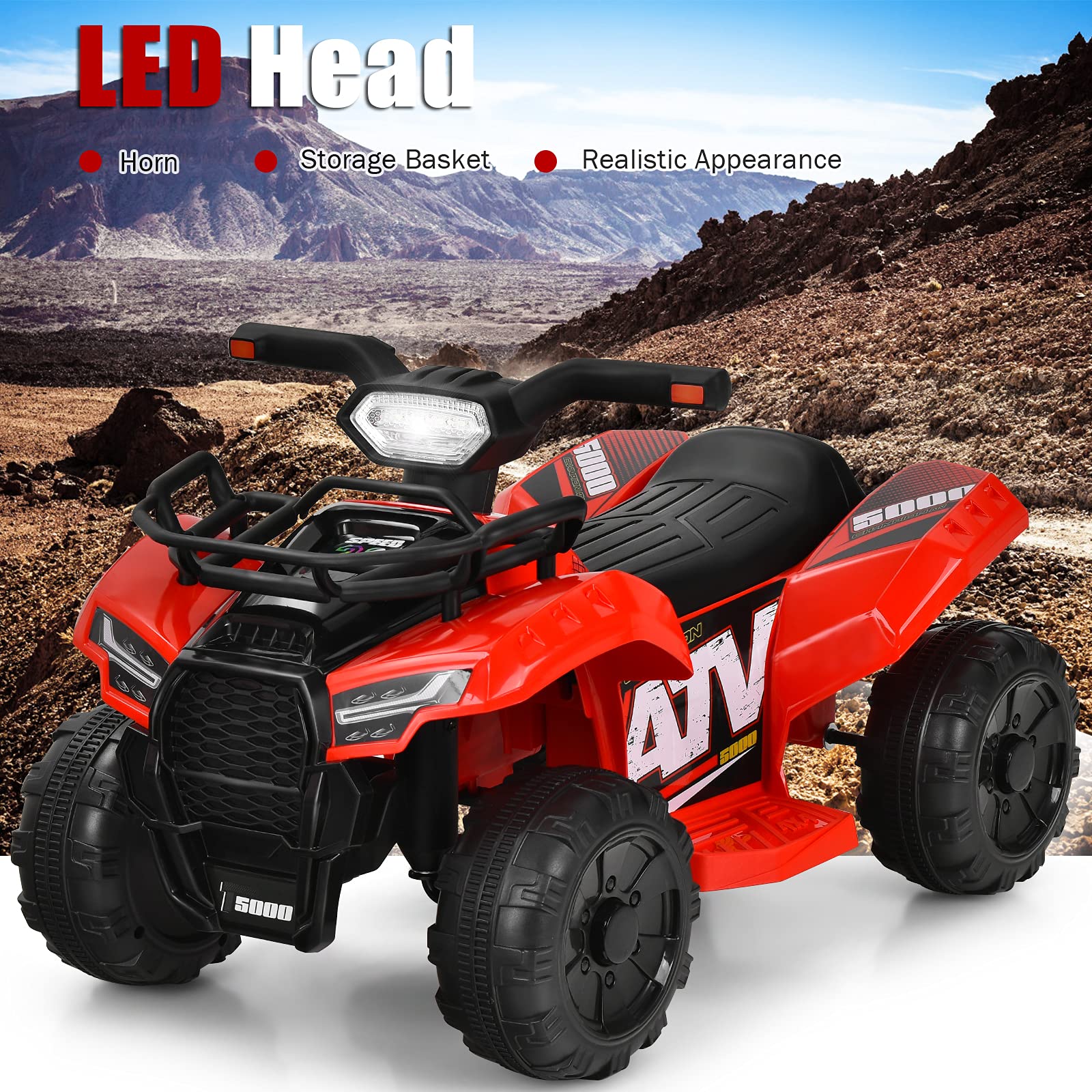 Costzon 6V Kids Electric ATV Quad - Battery Powered Ride-On Toy with Storage Basket, Headlights, Horn & Music for Toddlers 18-36 Months | Outdoor Play, Birthday Gift for Boys & Girls (Red)