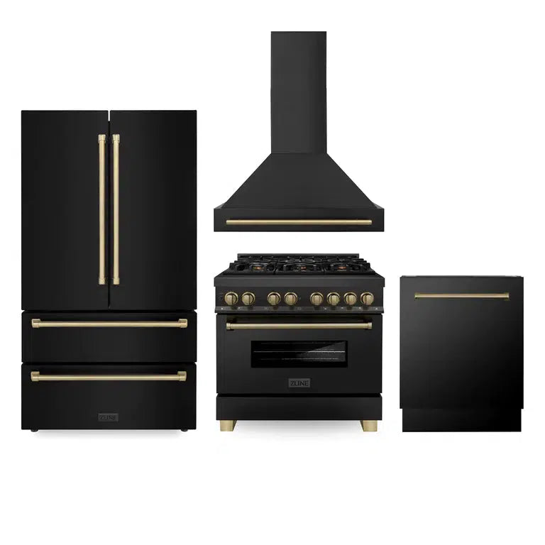 ZLINE Autograph Edition 36-inch Black Stainless Steel Kitchen Package - Dual Fuel Range, Range Hood, Dishwasher & Refrigerator with Internal Water Dispenser & Champagne Bronze Accents (4AKPR RABRHDWV36 CB) | Premium Kitchen Appliances for Modern Homes & Gourmet Cooking
