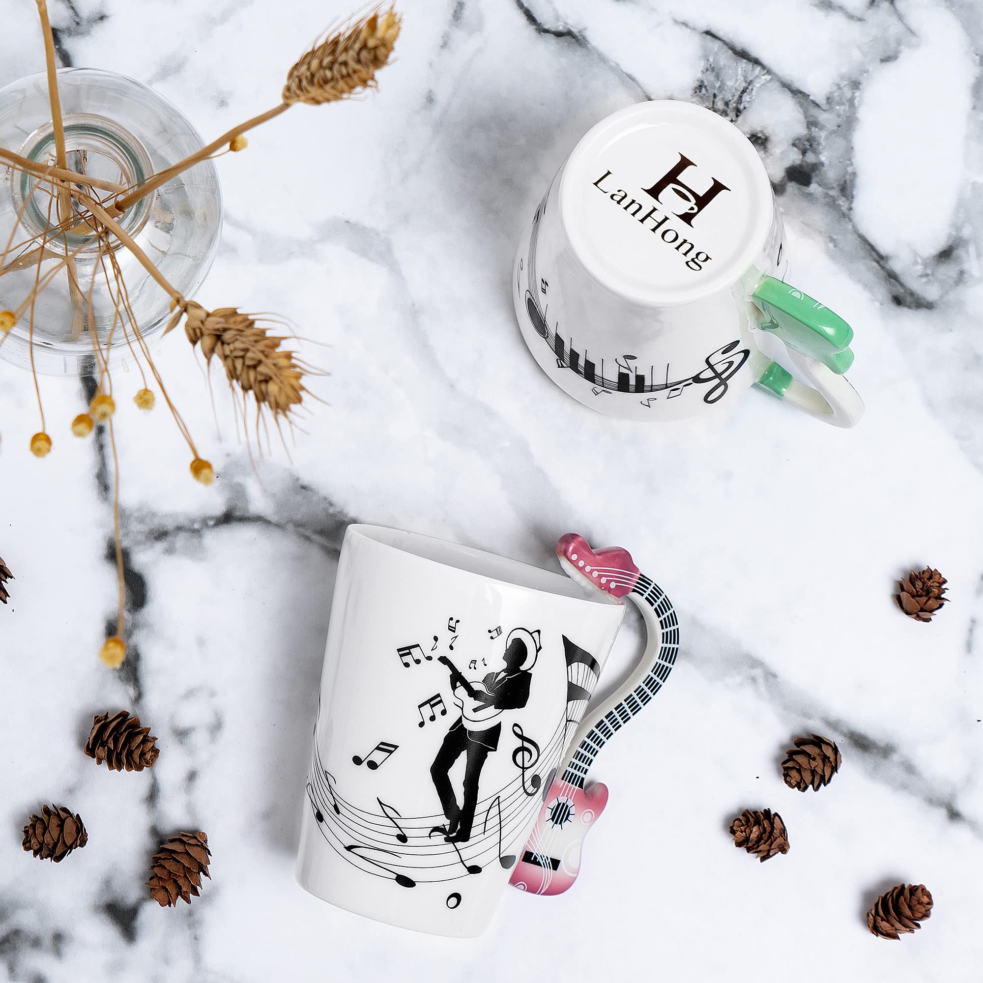 13.5 oz Guitar Shaped Coffee Mug - Perfect Music Gift for Guitar Players & Musicians - Unique Birthday & Christmas Present for Men & Women - Ideal for Coffee, Tea or Office Desk Decor (New Pink)