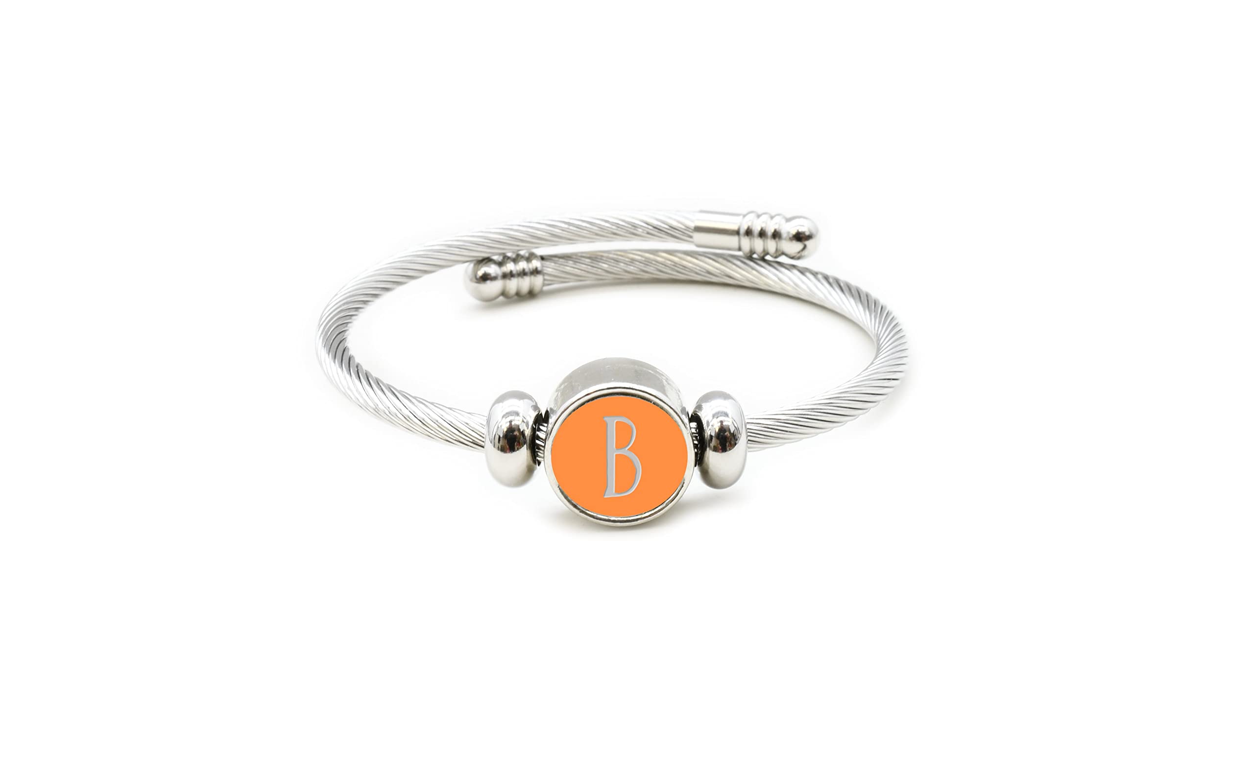 Pink Box High Polished Stainless Steel Round Cable Initial Bracelets A-Z | Reversible Stackable Interchangeable Charm Bangle | Perfect for Layering, Gifts & Everyday Jewelry