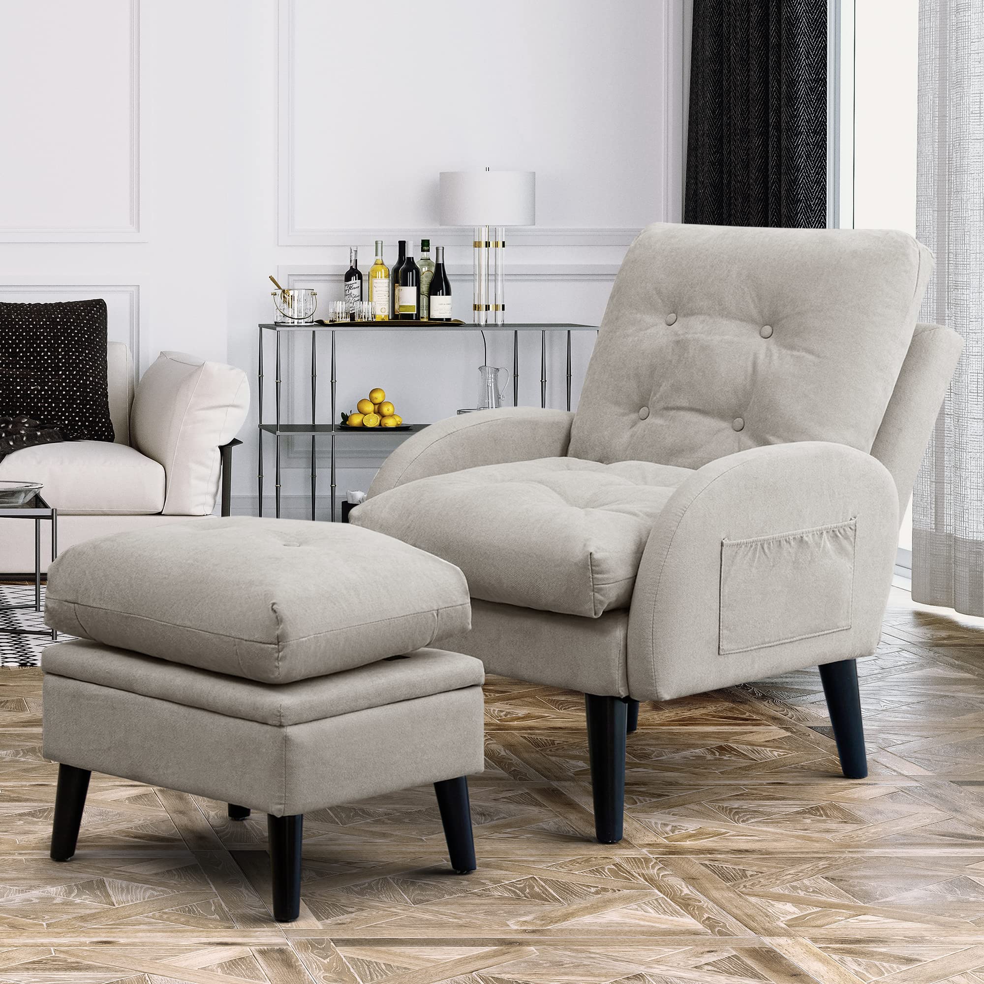 ELUCHANG Accent Chairs with Ottoman - Adjustable Backrest & Storage Footrest, Upholstered Comfy Armchair for Living Room, Bedroom - Light Grey Linen Fabric | Perfect for Reading, Relaxing & Leisure Time