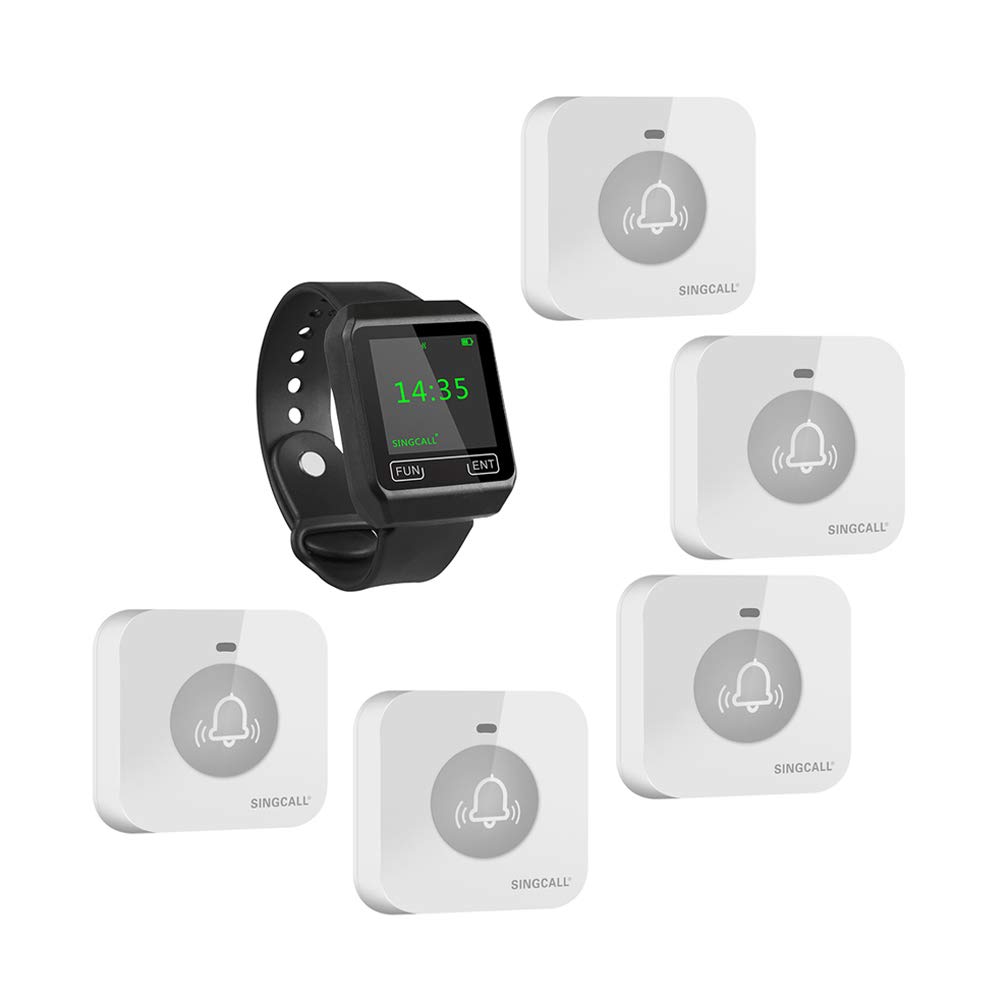 SINGCALL Wireless Calling System for Restaurants, Cafes & Supermarkets - 1 Watch Receiver & 5 Call Buttons - Wireless Waiter Pager for Efficient Customer Service in Dining & Retail Settings