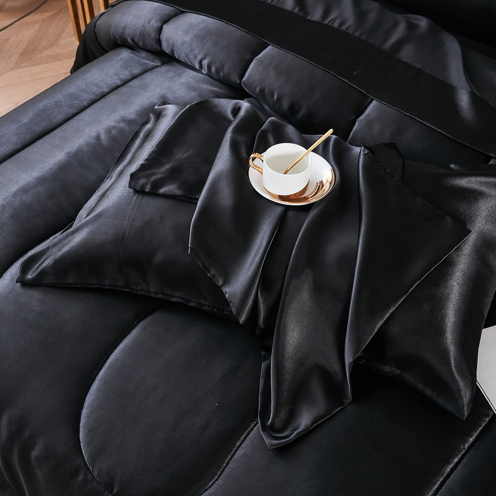 Luxury Satin Comforter Set - Black King Size Down Alternative Bedding | Silk-Like Softness | 1 Comforter + 2 Pillowcases | Perfect for Master Bedroom & Guest Room Decor