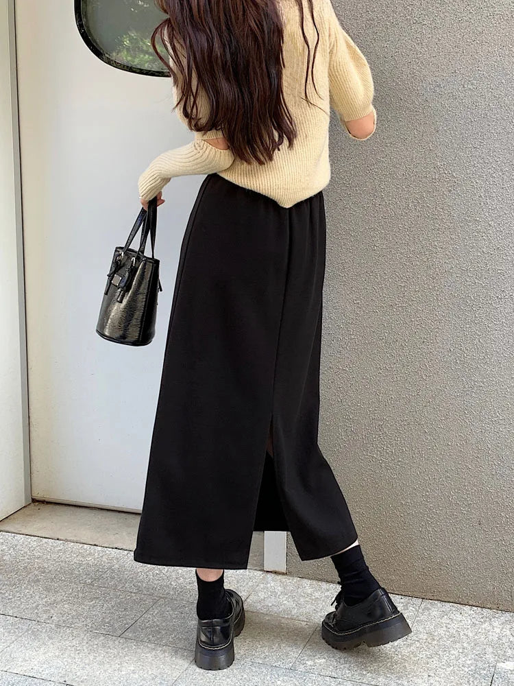 Women's Autumn Brown Wool A-Line High Waist Skirt - Elegant Straight Long Skirt with Elastic Waistband | Warm Winter Fashion for Casual Outfits & Office Wear | Korean Style Ladies Skirt