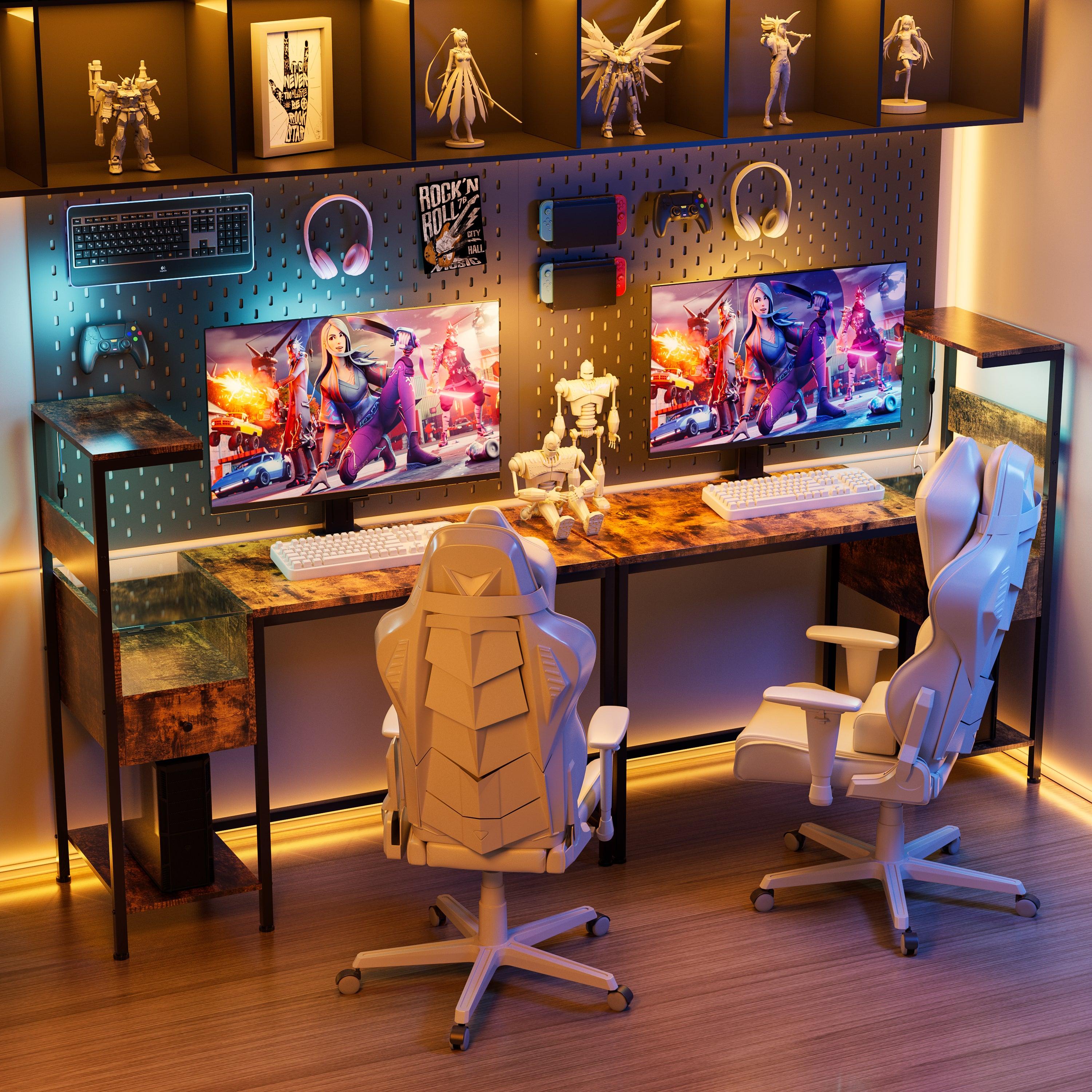 Ergonomic Computer Desk with Built-in Power Outlet & USB Charging Station | Home Office Desk with Storage Shelves | Study Writing Workstation for Small Spaces (Brown) - Perfect for Remote Work, Gaming Setup & Online Learning