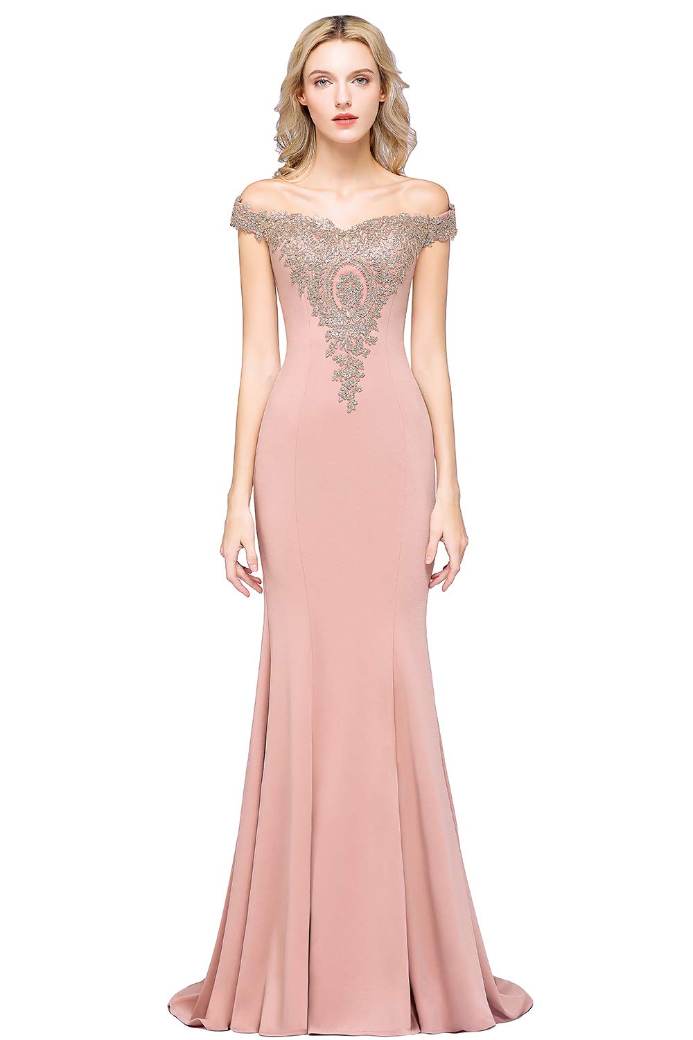 MisShow Long Gold Lace Applique Mermaid Prom Dress - Off Shoulder Formal Evening Gowns for Women | Perfect for Homecoming, Wedding, Pageant & Special Occasions