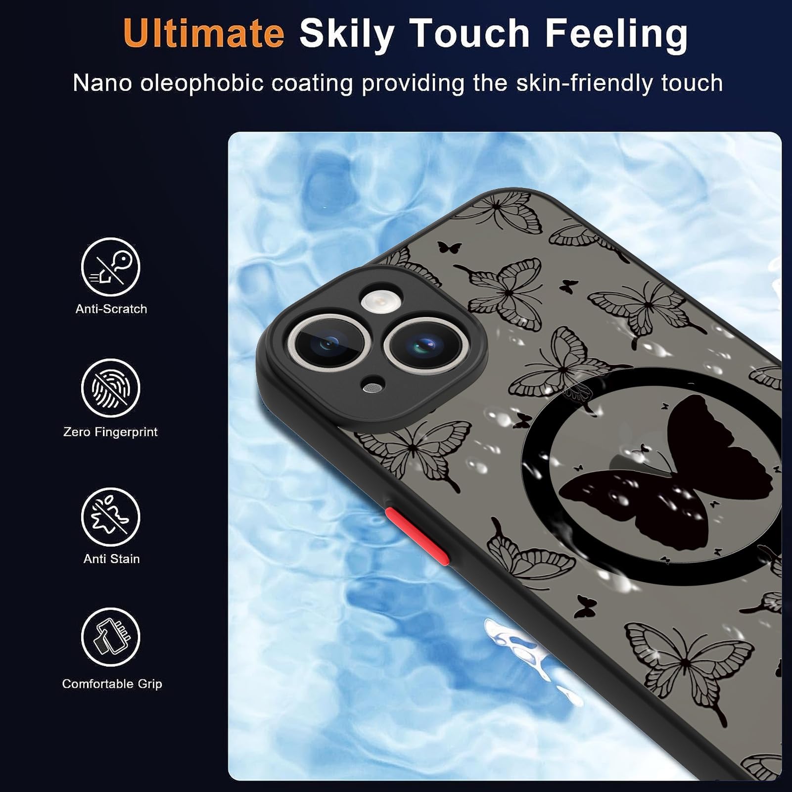 Magnetic Case for iPhone 15 (6.1 Inch) - MagSafe Compatible Clear Frosted PC Back with Black Butterfly Design, Soft Bumper Shockproof Protective Phone Cover for Women | Perfect for Everyday Use, Work & Travel